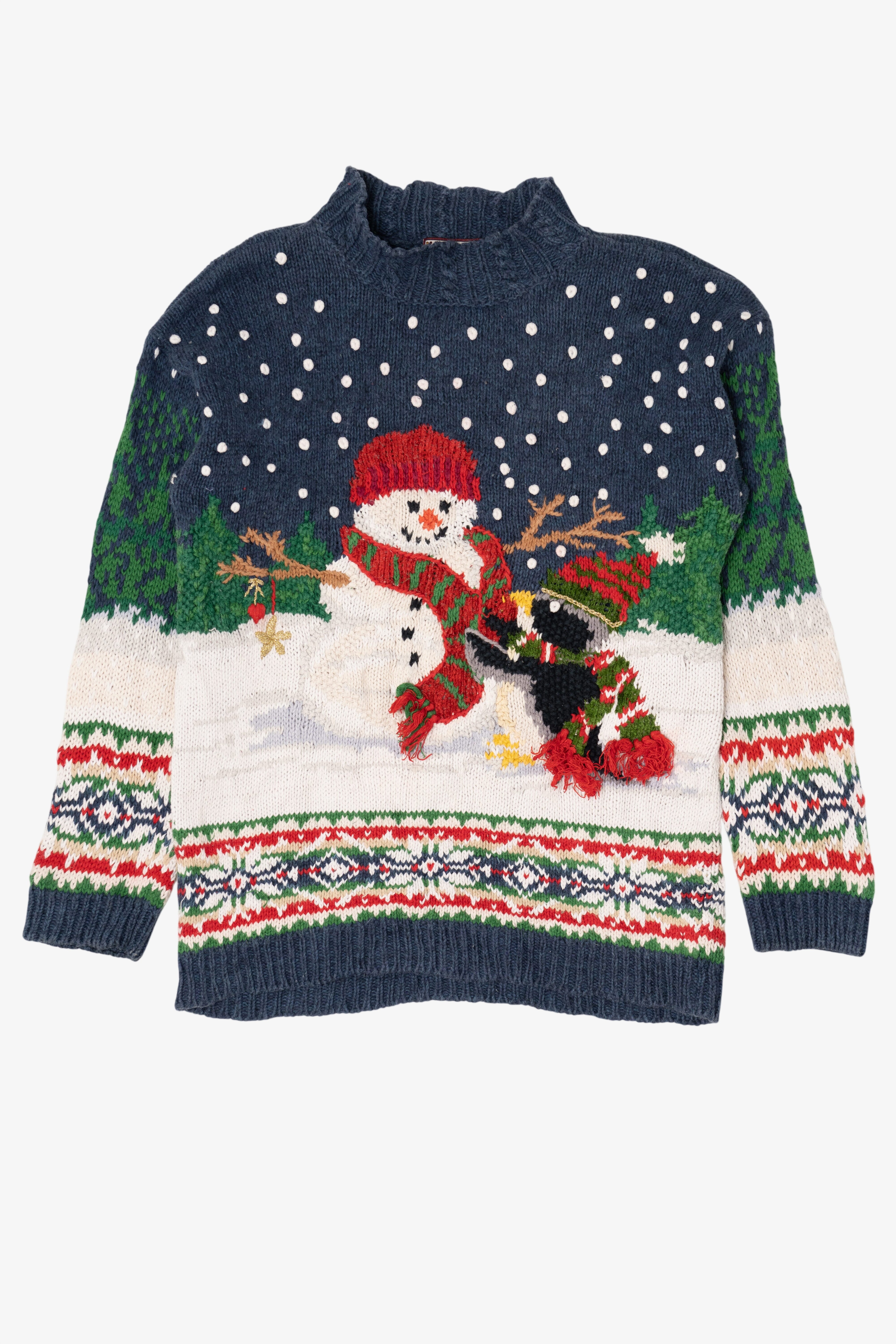 Vintage Blue Tiara International Penguin Building Snowmen Ugly Christmas Pullover (1990s)
