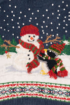 Vintage Blue Tiara International Penguin Building Snowmen Ugly Christmas Pullover (1990s)