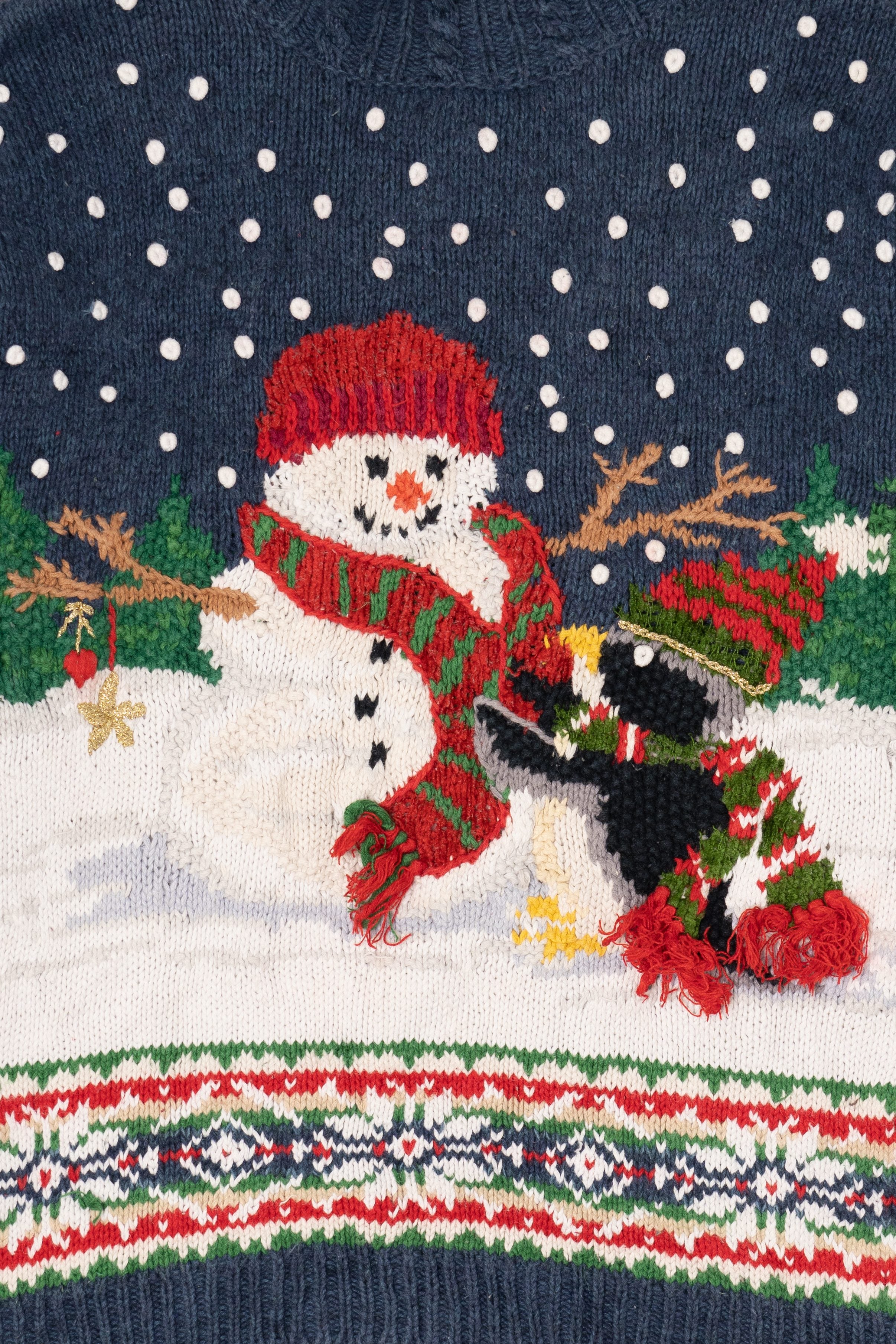 Vintage Blue Tiara International Penguin Building Snowmen Ugly Christmas Pullover (1990s)