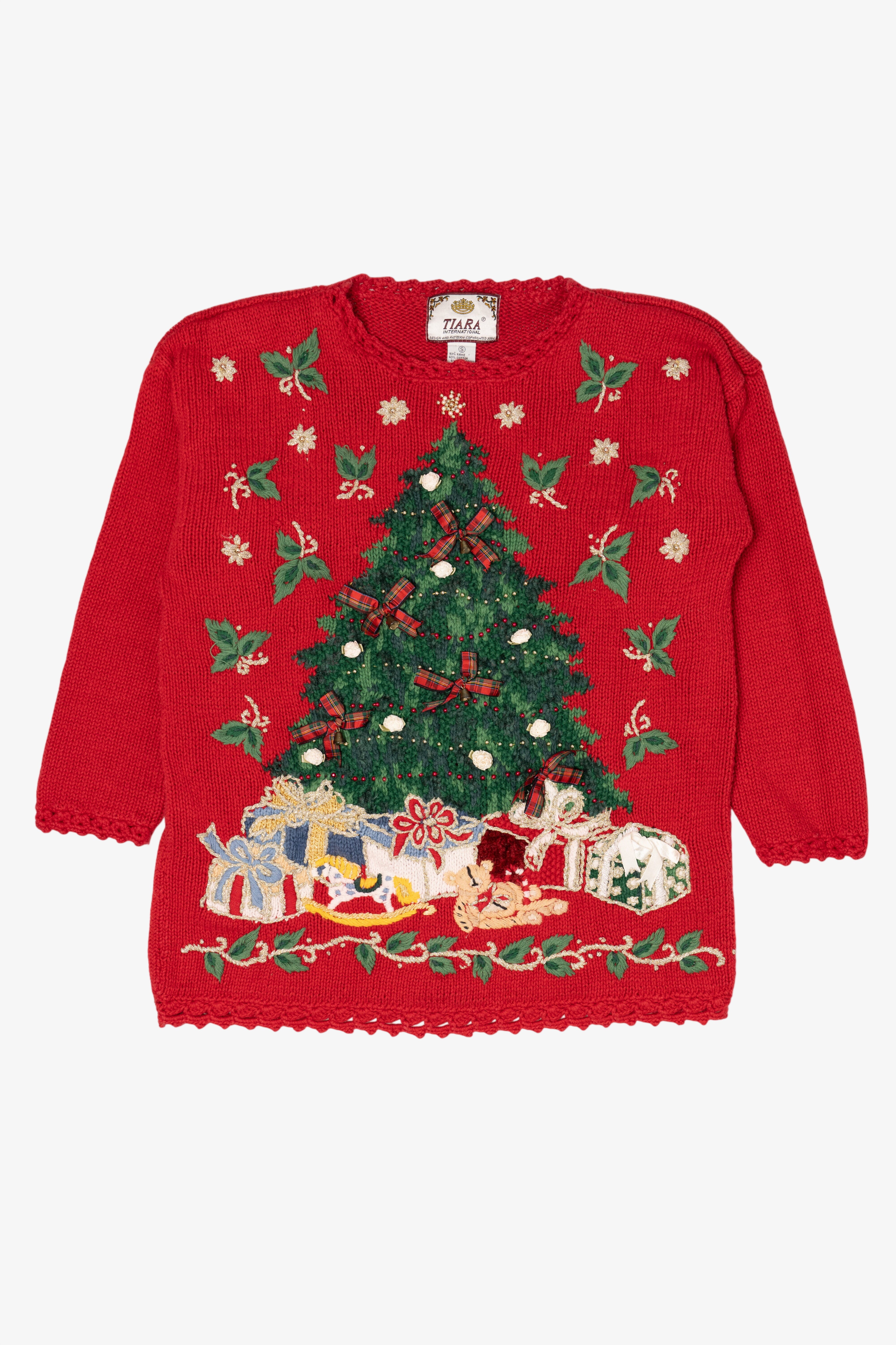 Vintage Red Tiara International Presents Under Tree Ugly Christmas Pullover (1990s)