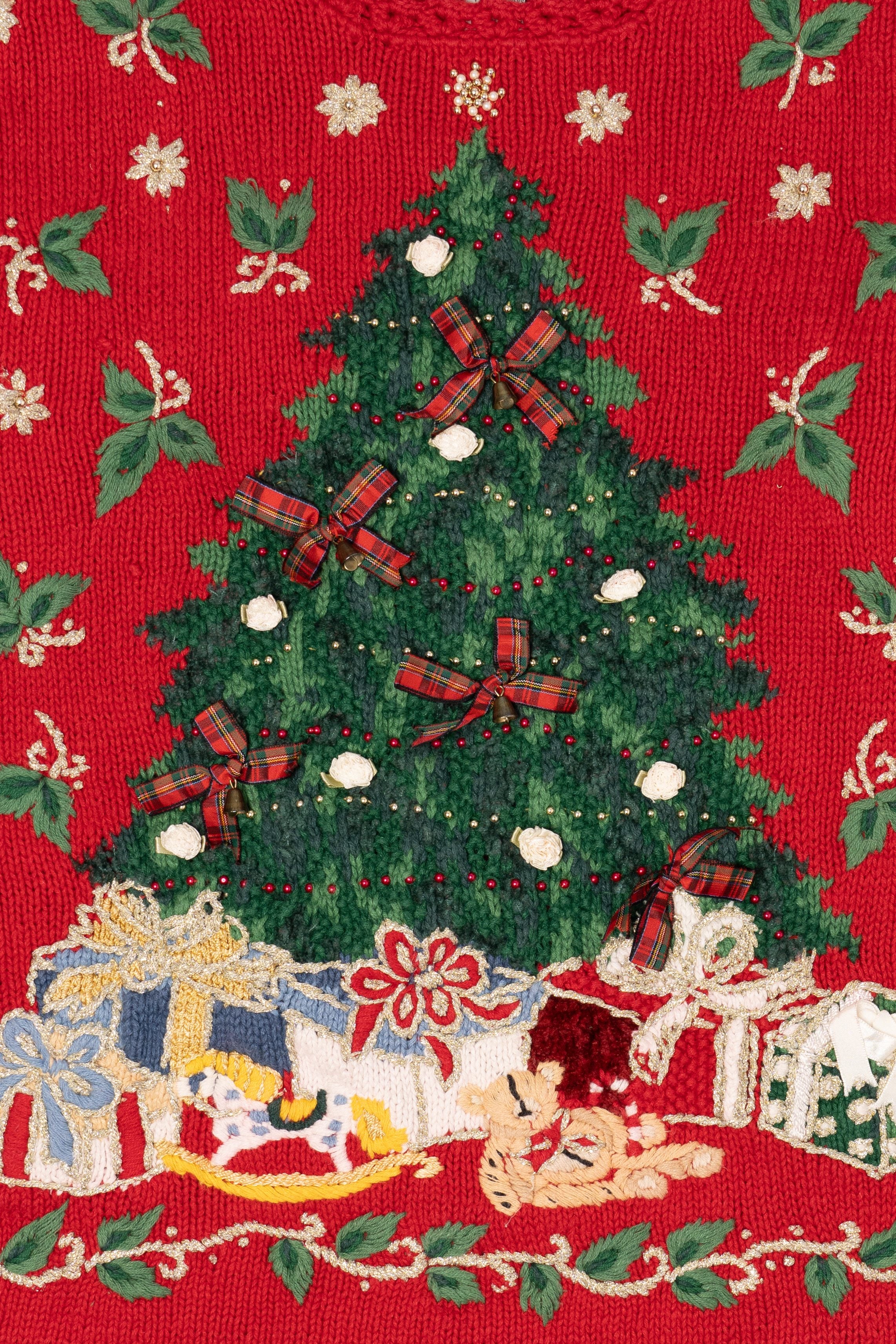 Vintage Red Tiara International Presents Under Tree Ugly Christmas Pullover (1990s)