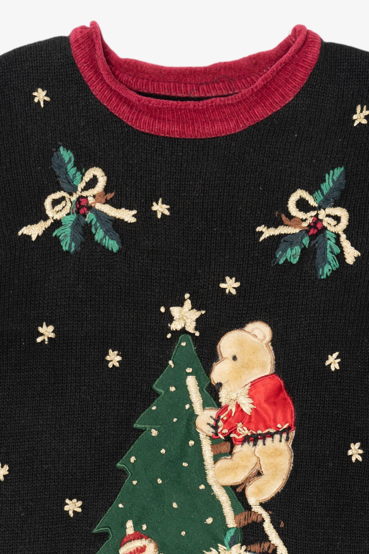 Vintage Black Nutcracker Bears Tree Decorating Ugly Christmas Pullover (1990s)