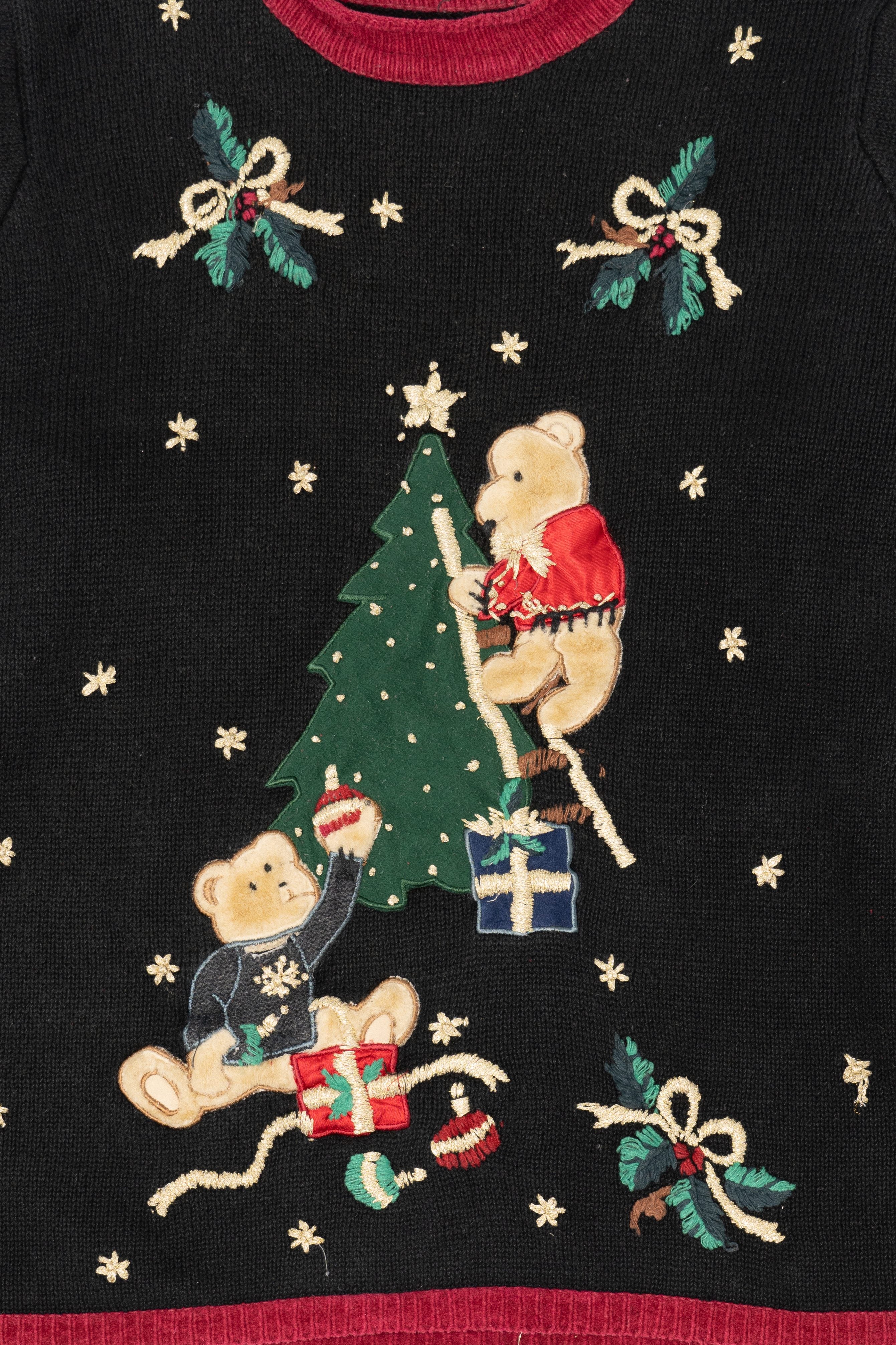 Vintage Black Nutcracker Bears Tree Decorating Ugly Christmas Pullover (1990s)