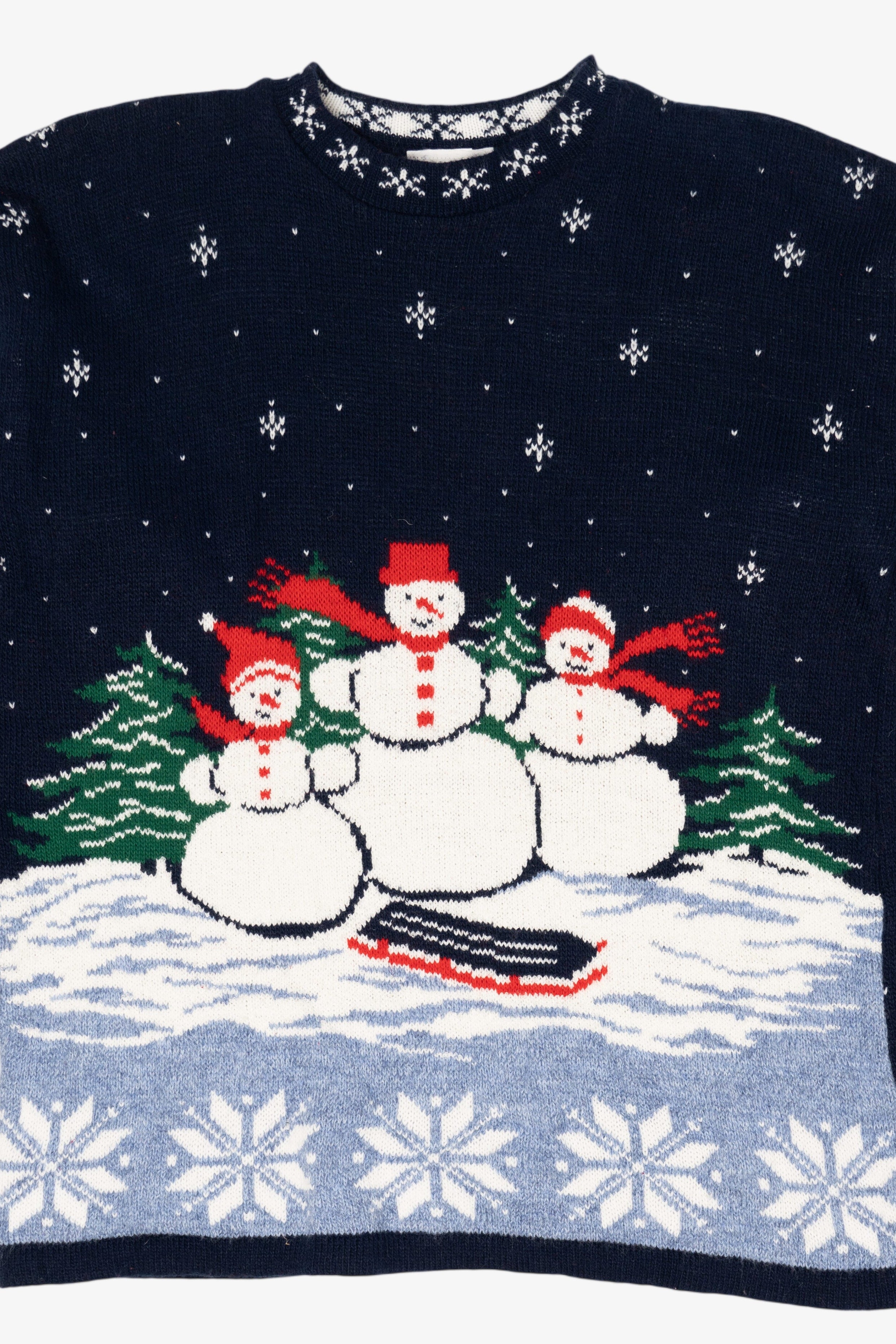 Vintage Navy Blue Willow Bay Snowmen Ugly Christmas Pullover (1990s)