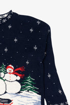 Vintage Navy Blue Willow Bay Snowmen Ugly Christmas Pullover (1990s)
