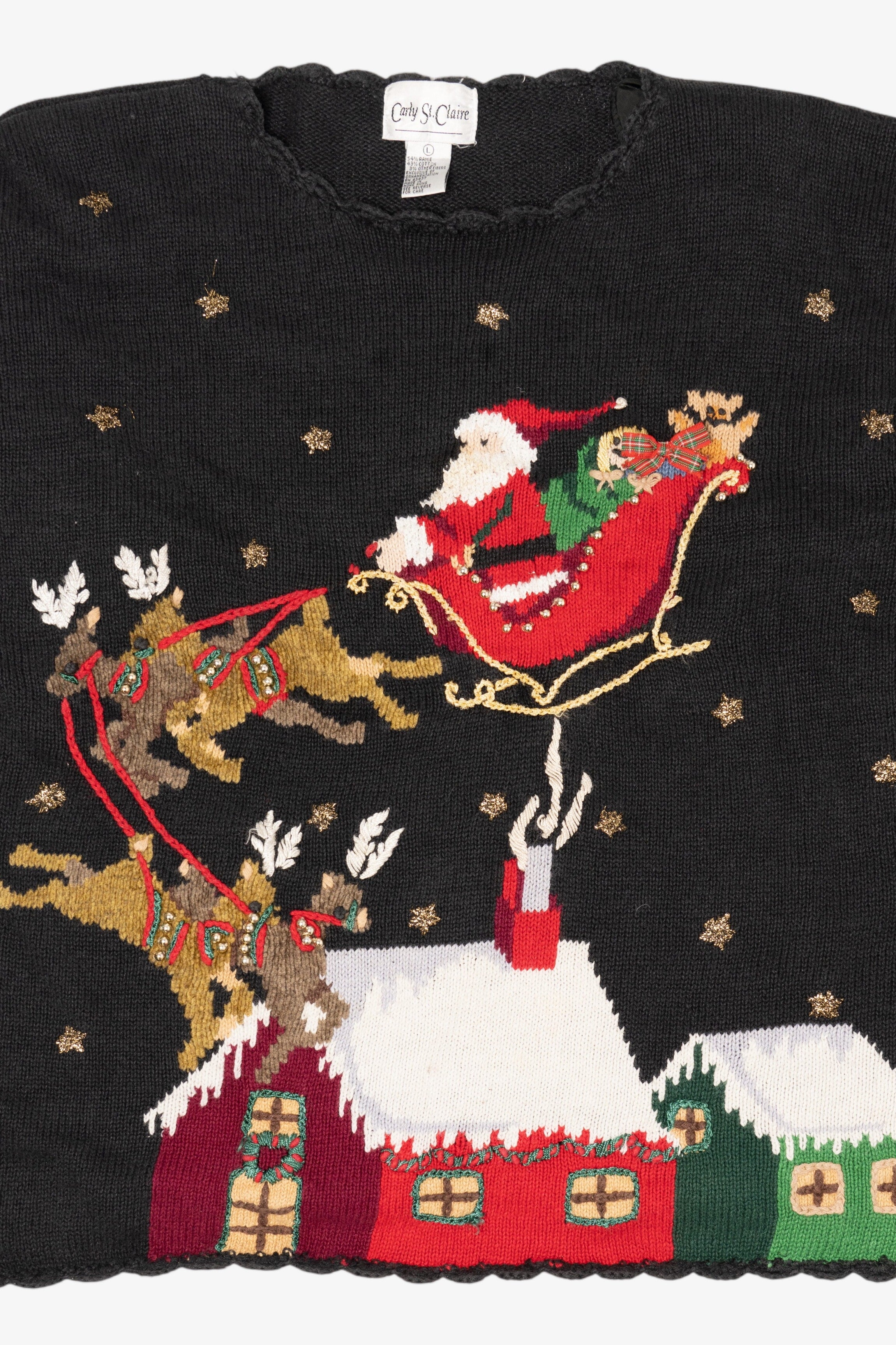 Vintage Black Carly St. Claire Santa Flying Ugly Christmas Pullover (1990s)