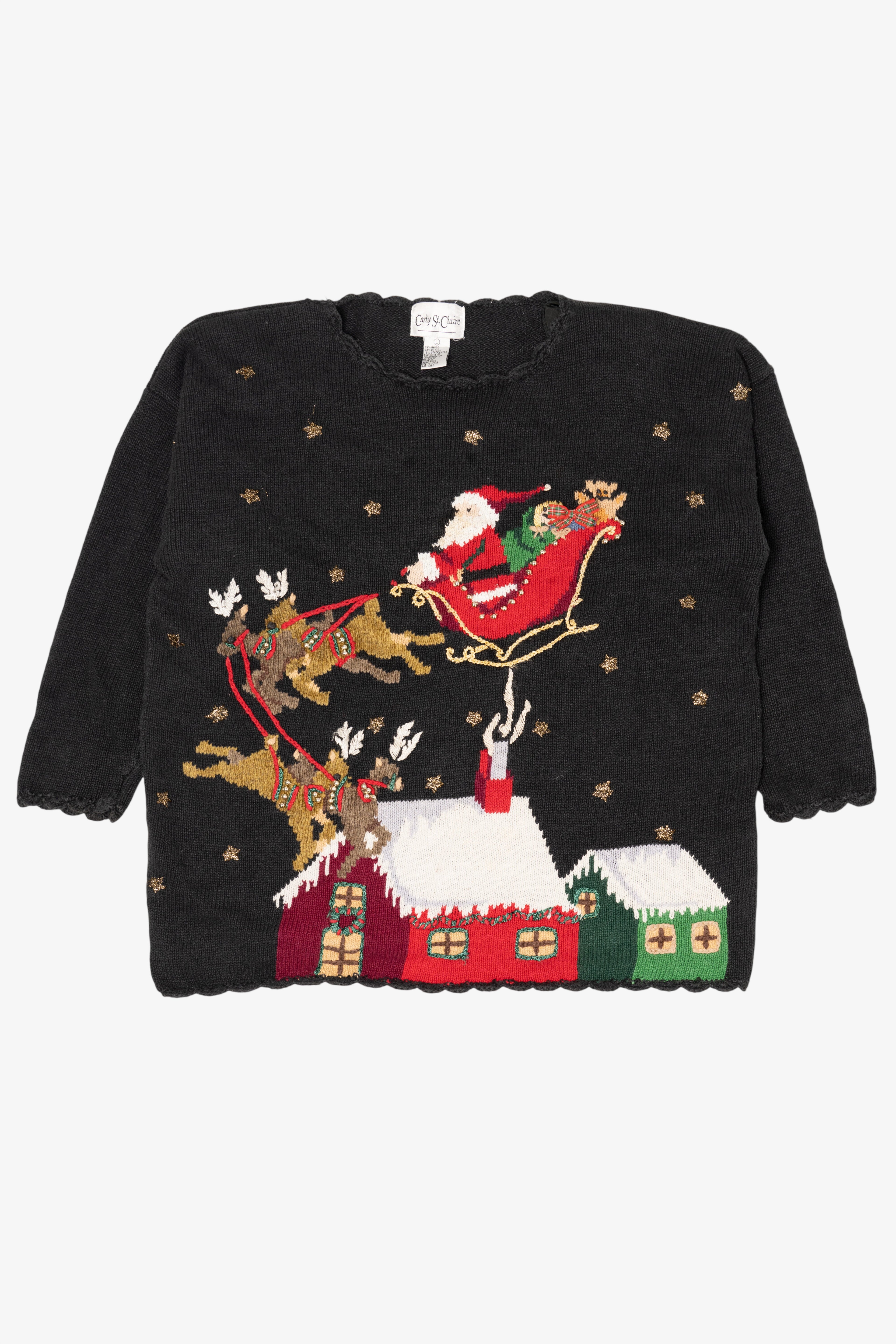 Vintage Black Carly St. Claire Santa Flying Ugly Christmas Pullover (1990s)