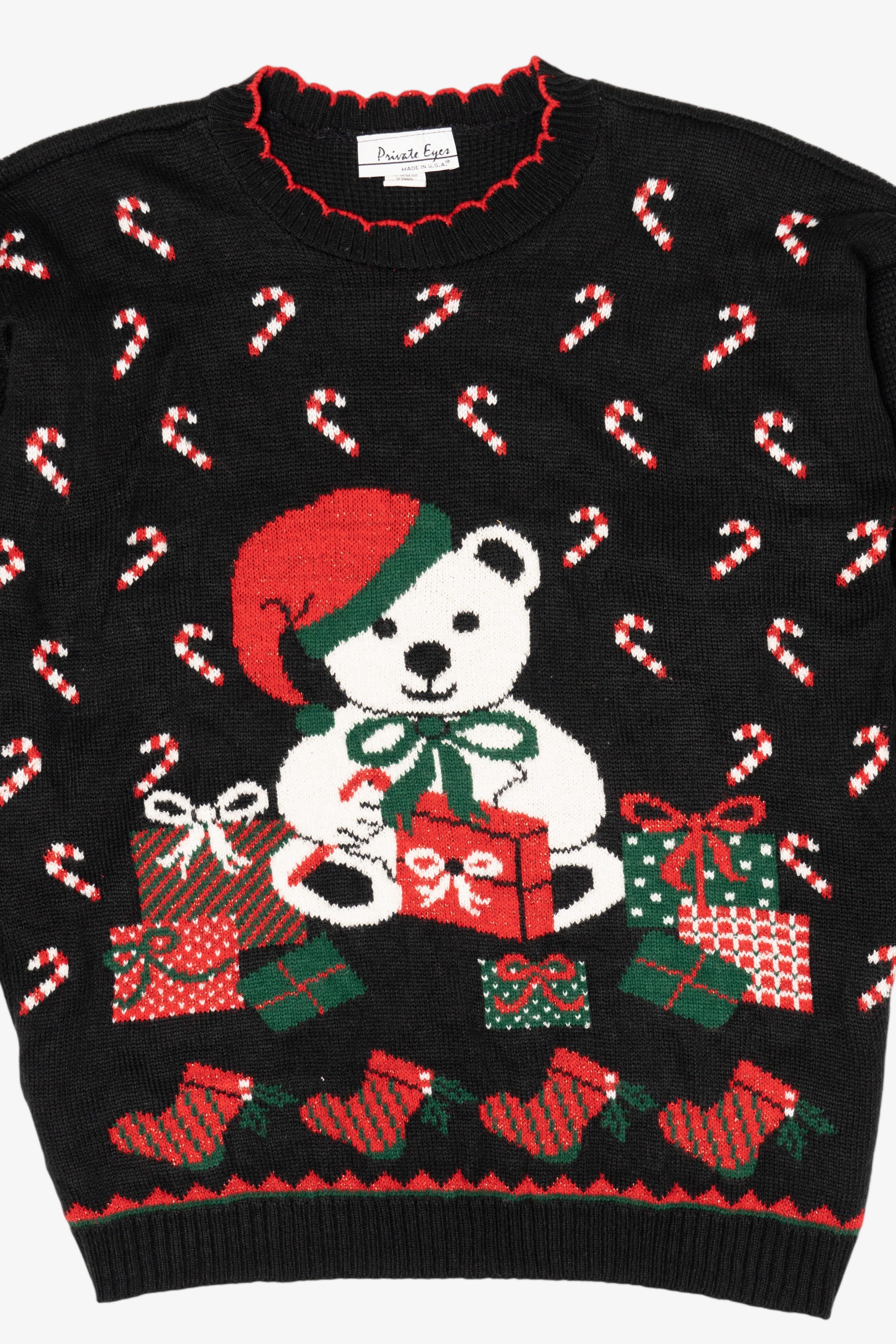 Vintage Black Private Eyes Teddy Bear With Presents Ugly Christmas Pullover (1980s)
