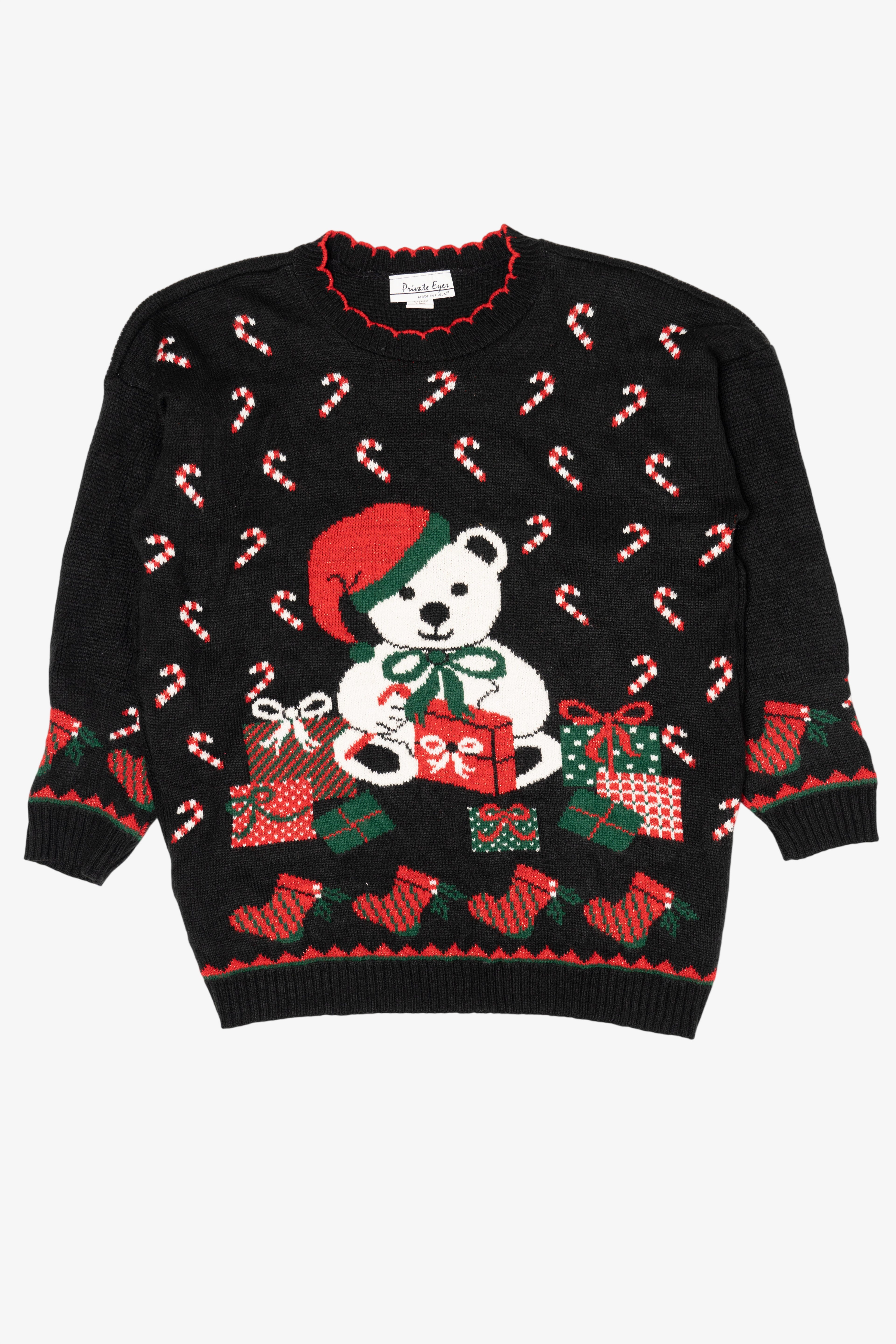 Vintage Black Private Eyes Teddy Bear With Presents Ugly Christmas Pullover (1980s)