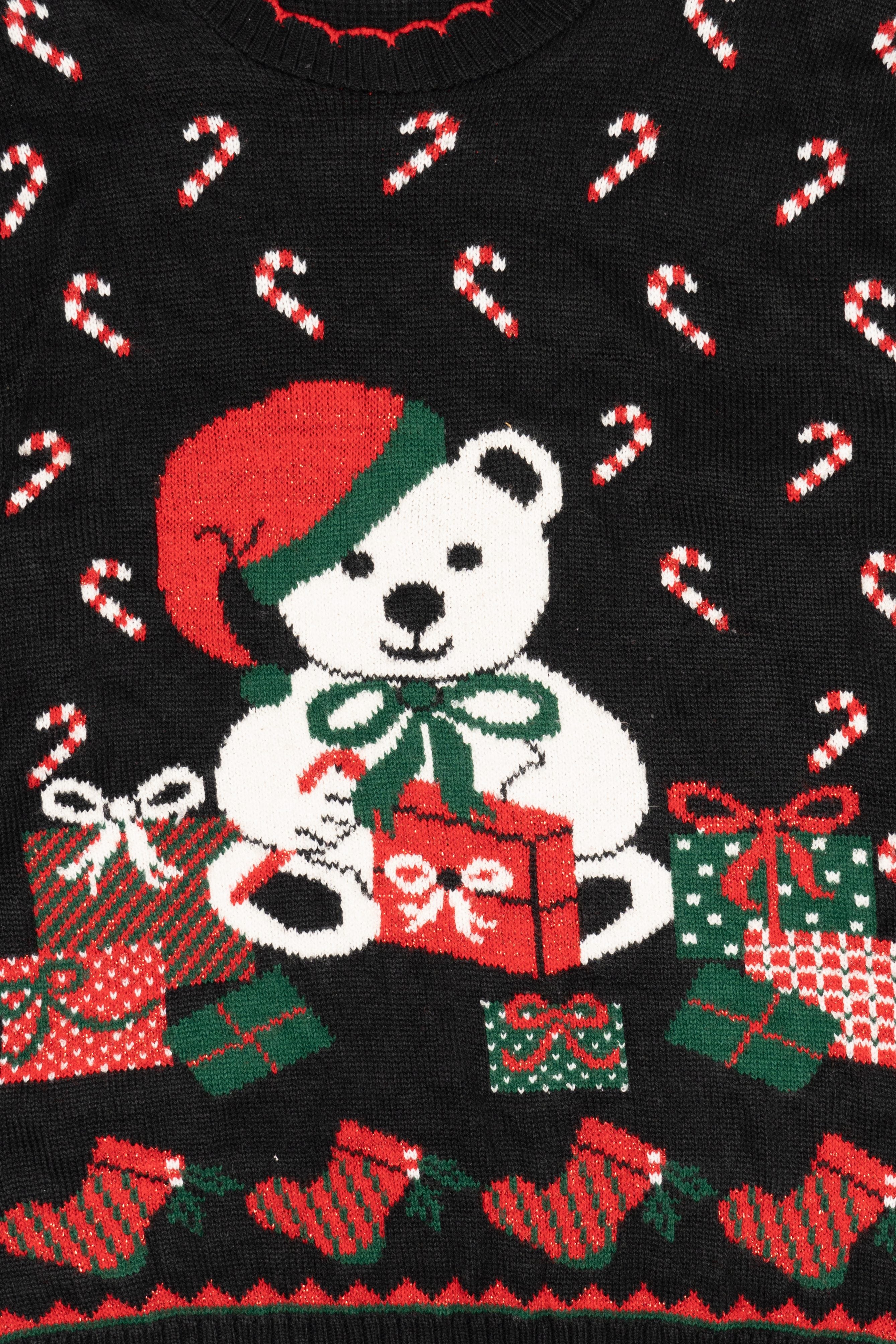 Vintage Black Private Eyes Teddy Bear With Presents Ugly Christmas Pullover (1980s)
