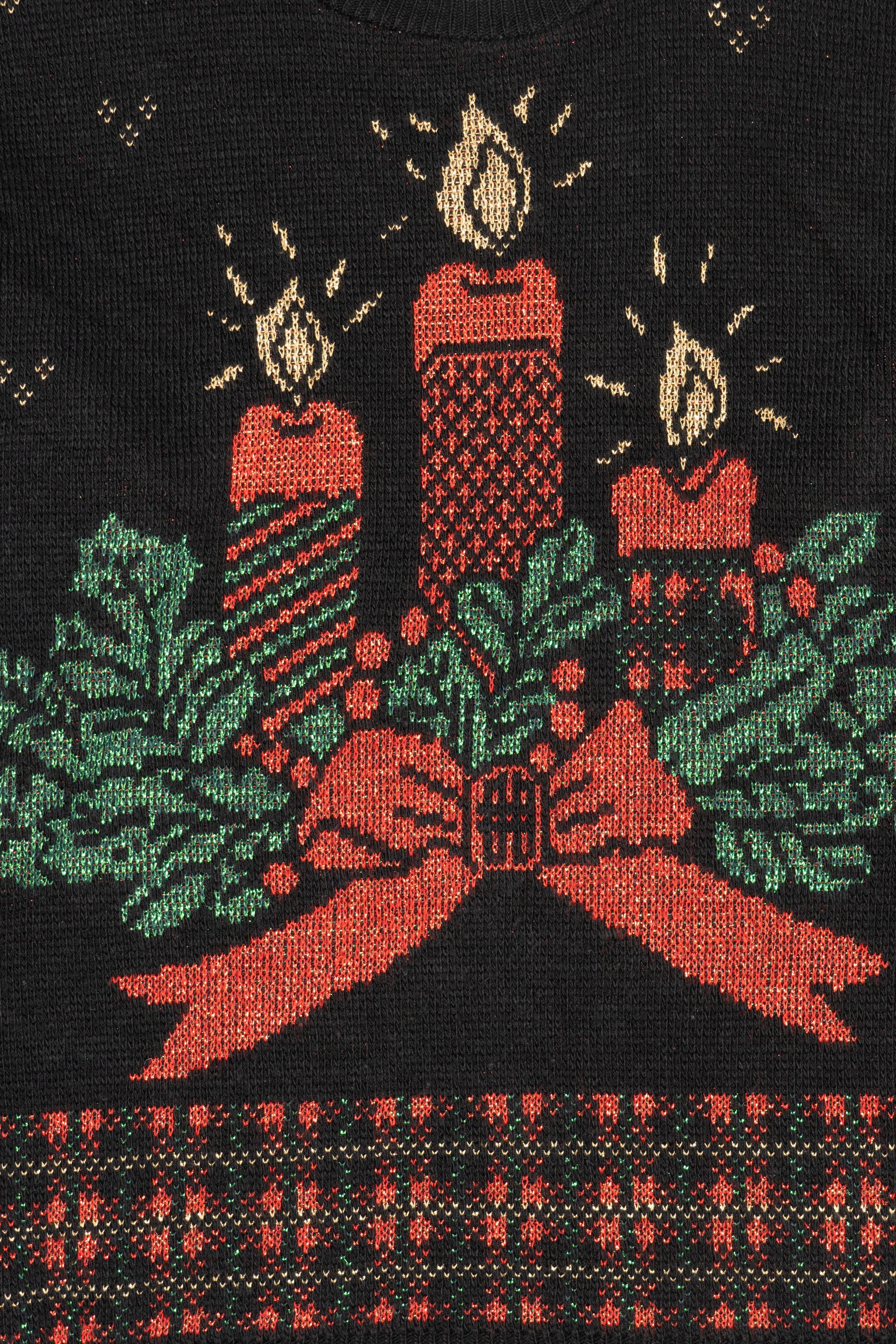 Vintage Black Holiday Time Candles Ugly Christmas Pullover (1980s)