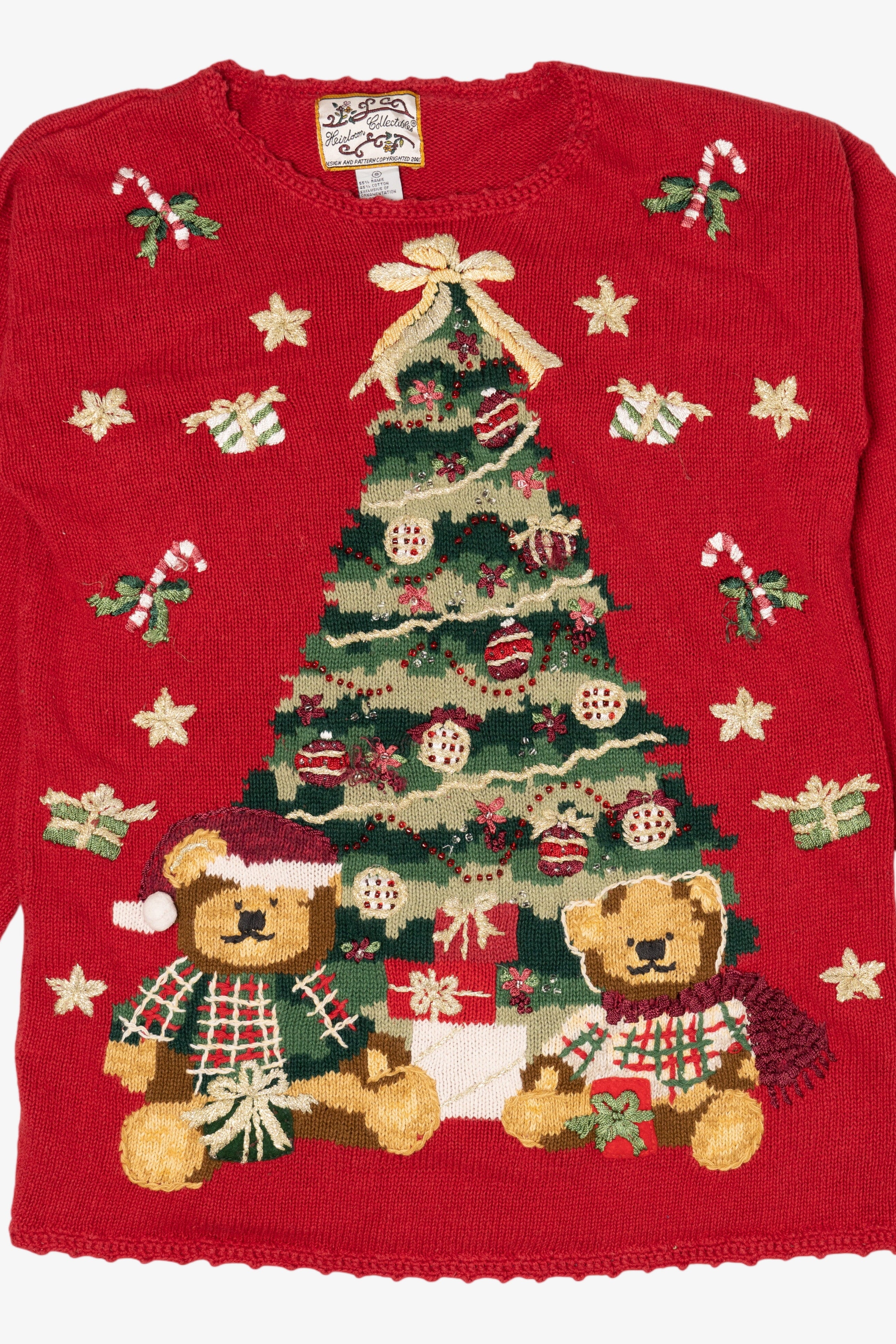 Vintage Red Heirloom Collectibles Teddy Bears Under Tree Ugly Christmas Pullover (2000s)