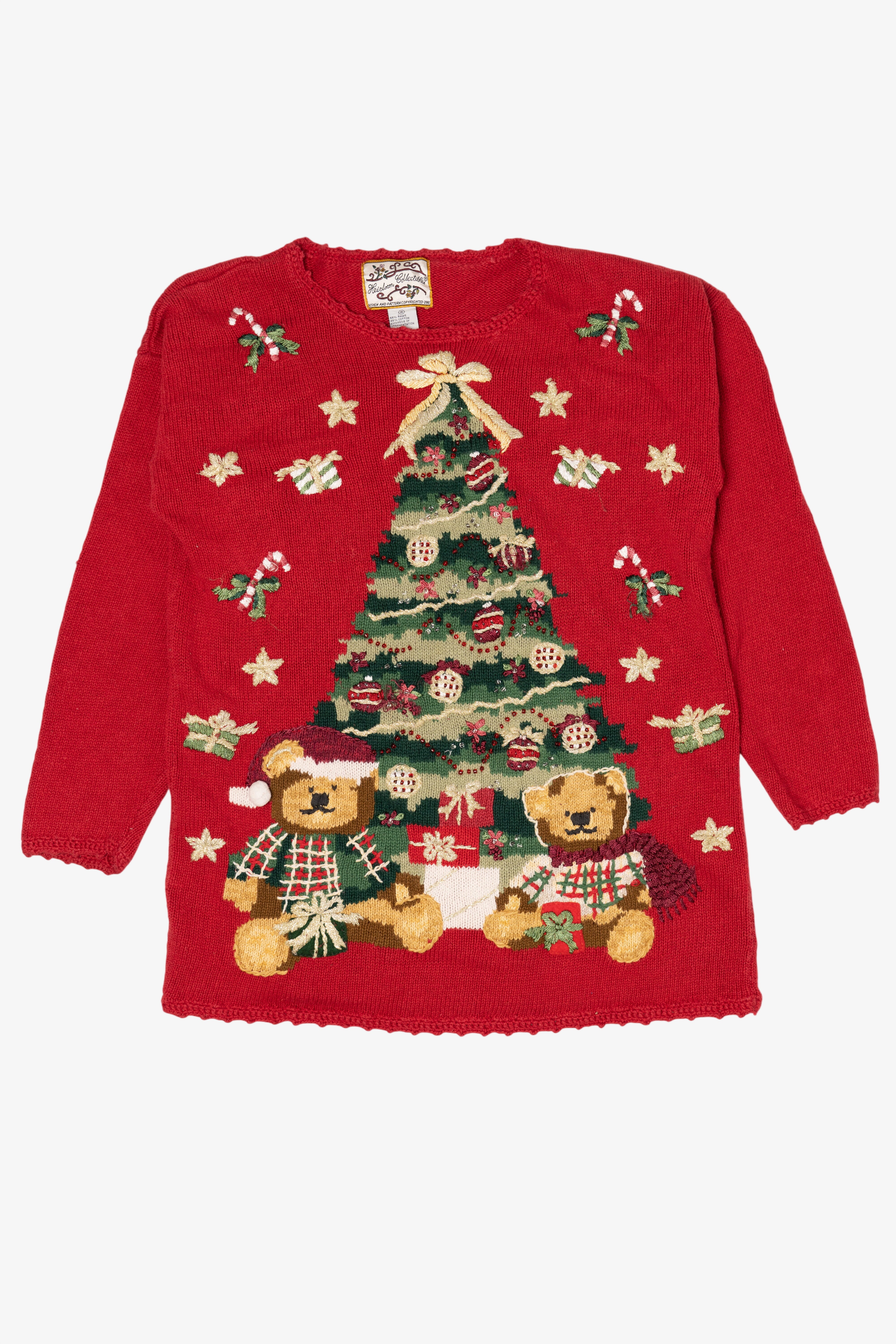 Vintage Red Heirloom Collectibles Teddy Bears Under Tree Ugly Christmas Pullover (2000s)