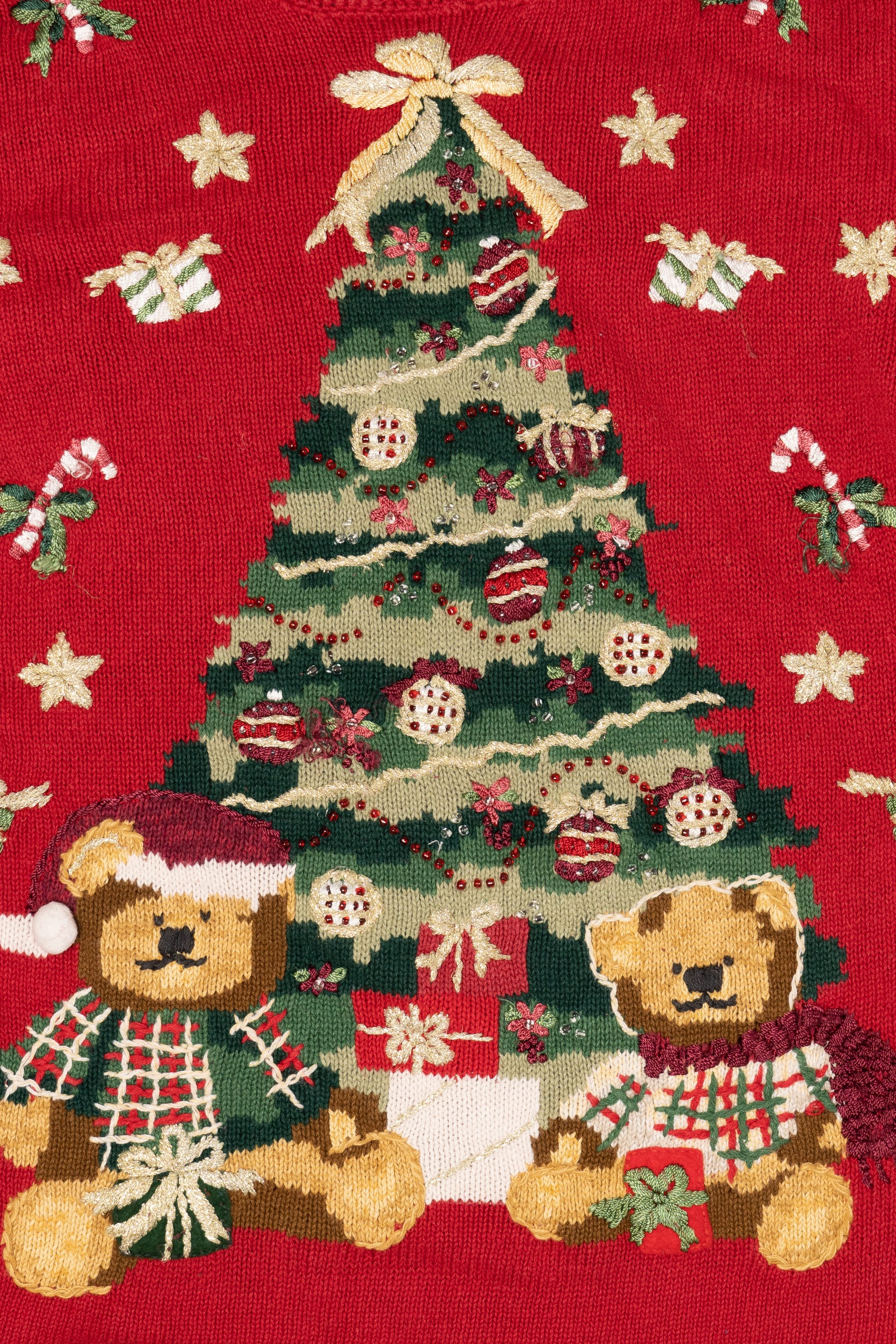 Vintage Red Heirloom Collectibles Teddy Bears Under Tree Ugly Christmas Pullover (2000s)