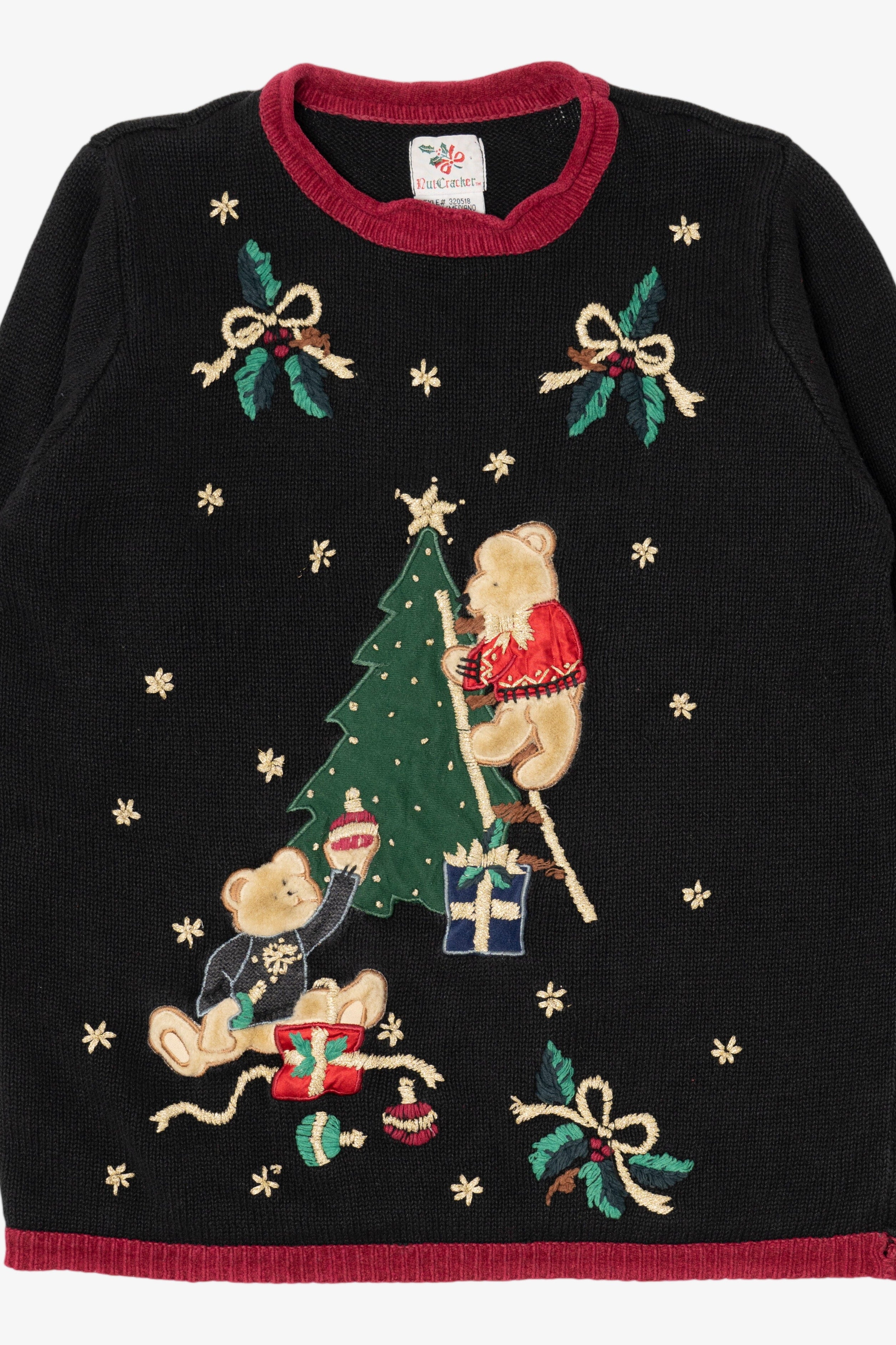 Vintage Black Nutcracker Bears Decorating Tree Ugly Christmas Pullover (1990s)