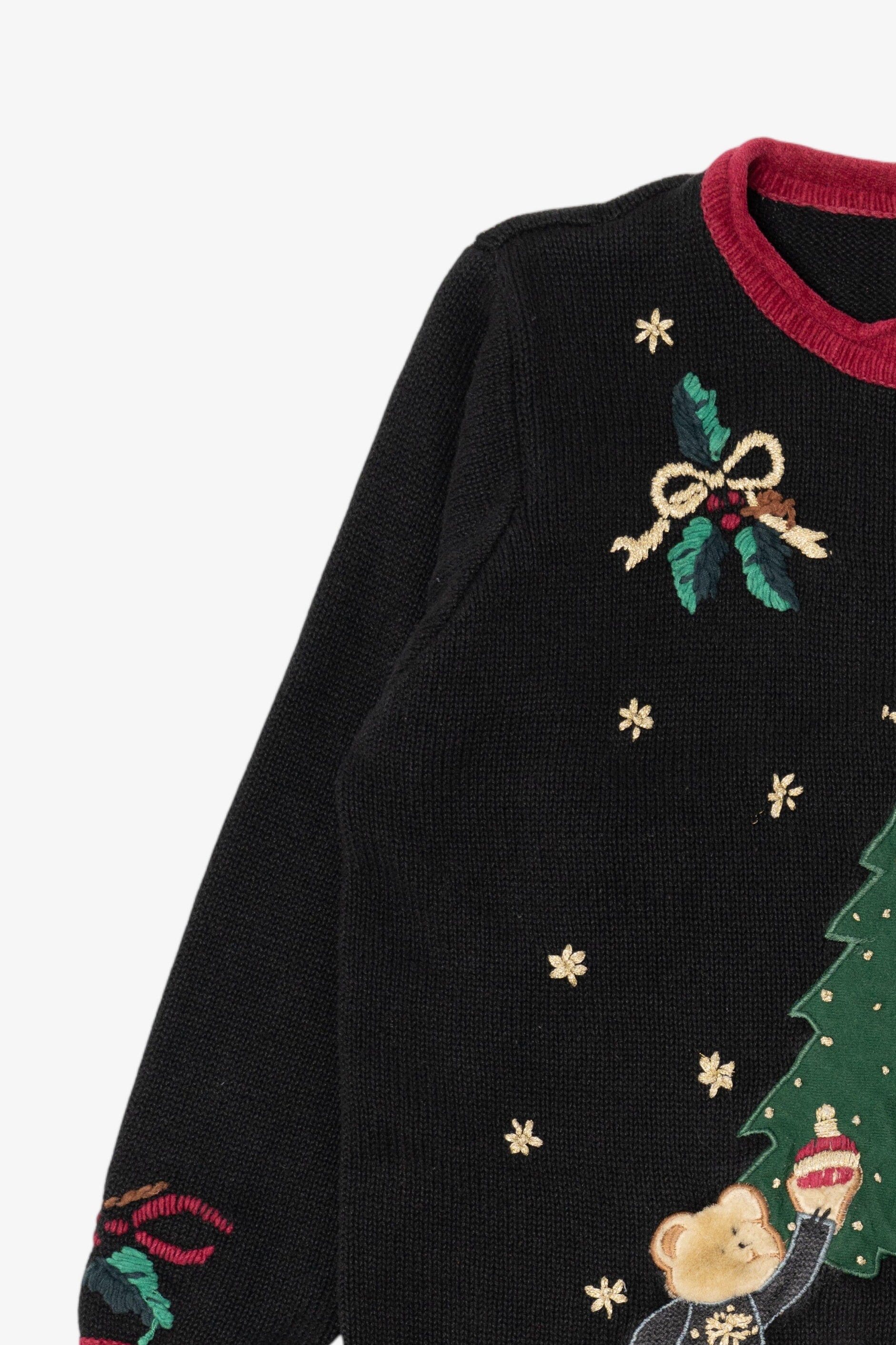 Vintage Black Nutcracker Bears Decorating Tree Ugly Christmas Pullover (1990s)