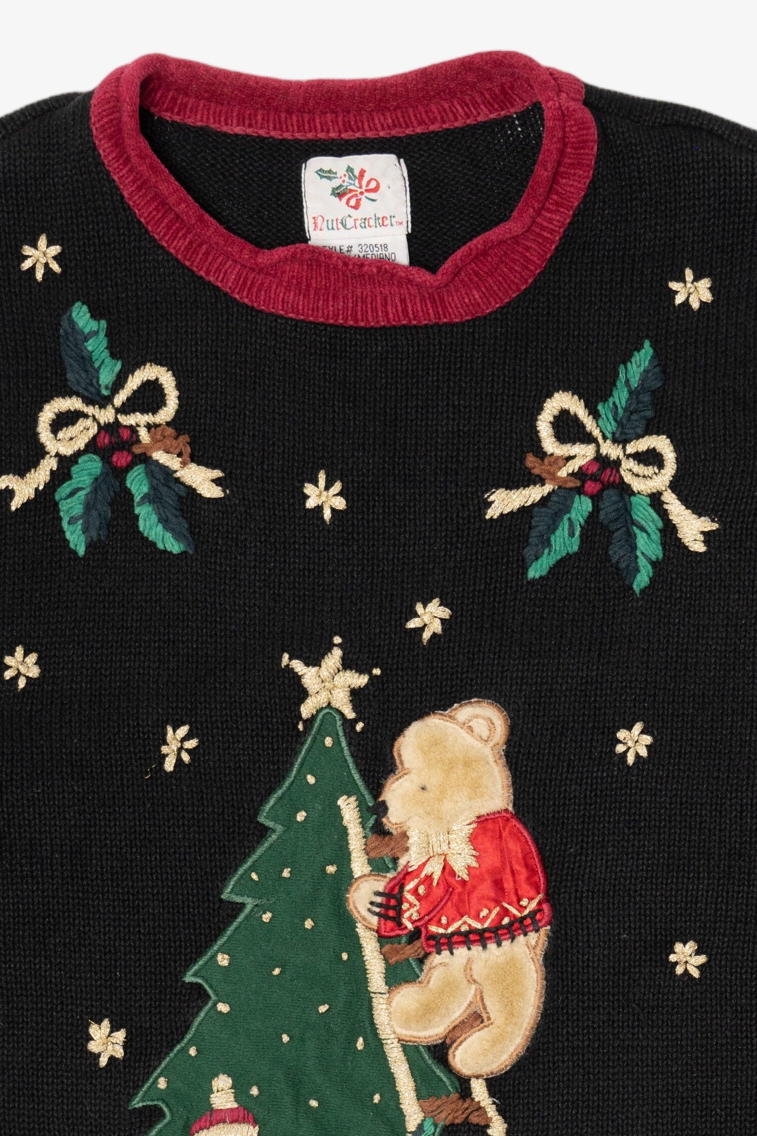Vintage Black Nutcracker Bears Decorating Tree Ugly Christmas Pullover (1990s)