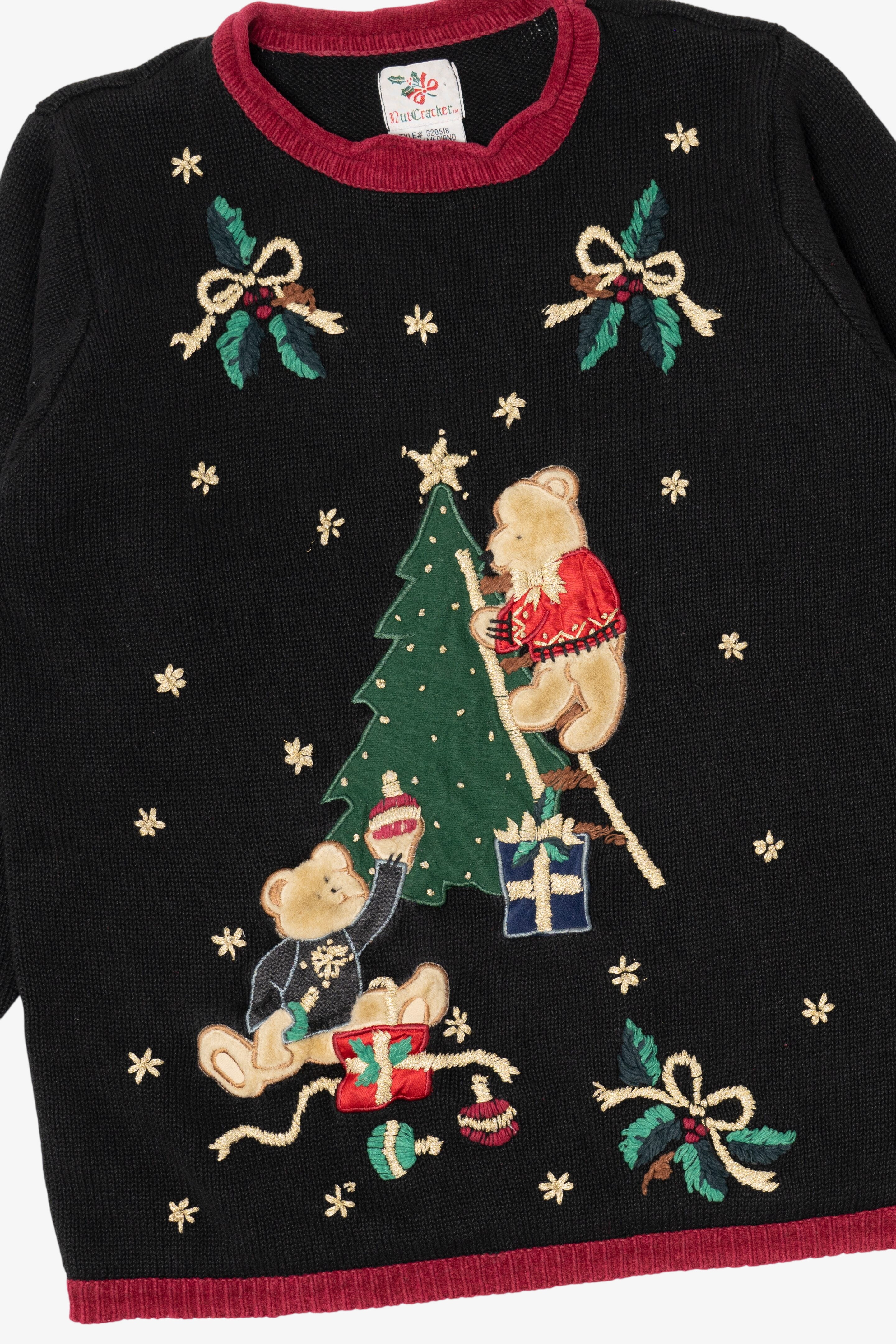 Vintage Black Nutcracker Bears Decorating Tree Ugly Christmas Pullover (1990s)