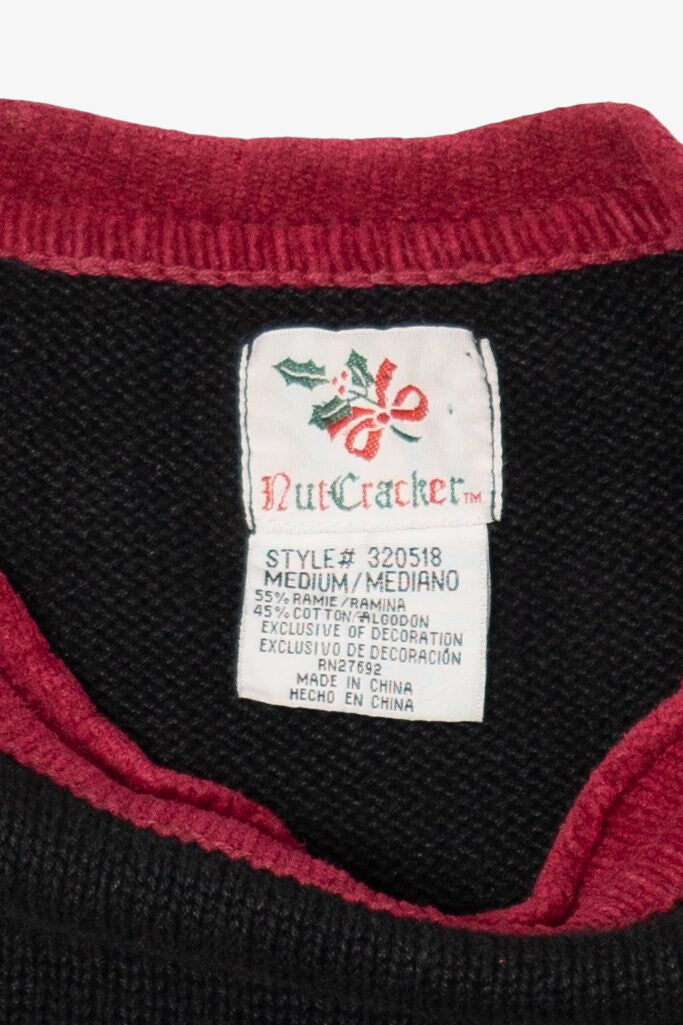 Vintage Black Nutcracker Bears Decorating Tree Ugly Christmas Pullover (1990s)