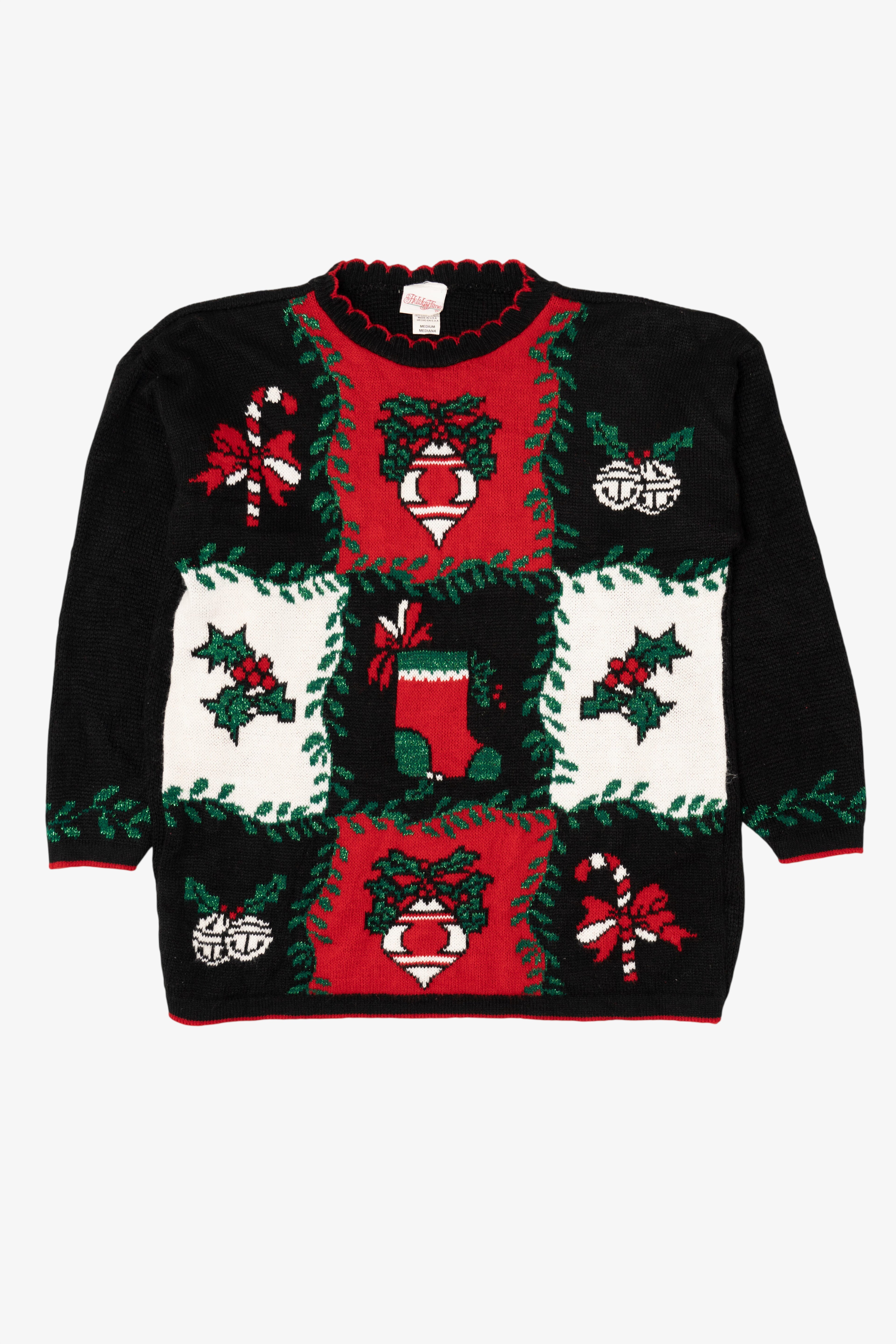 Vintage Black Holiday Time Ornaments Ugly Christmas Pullover (1980s)