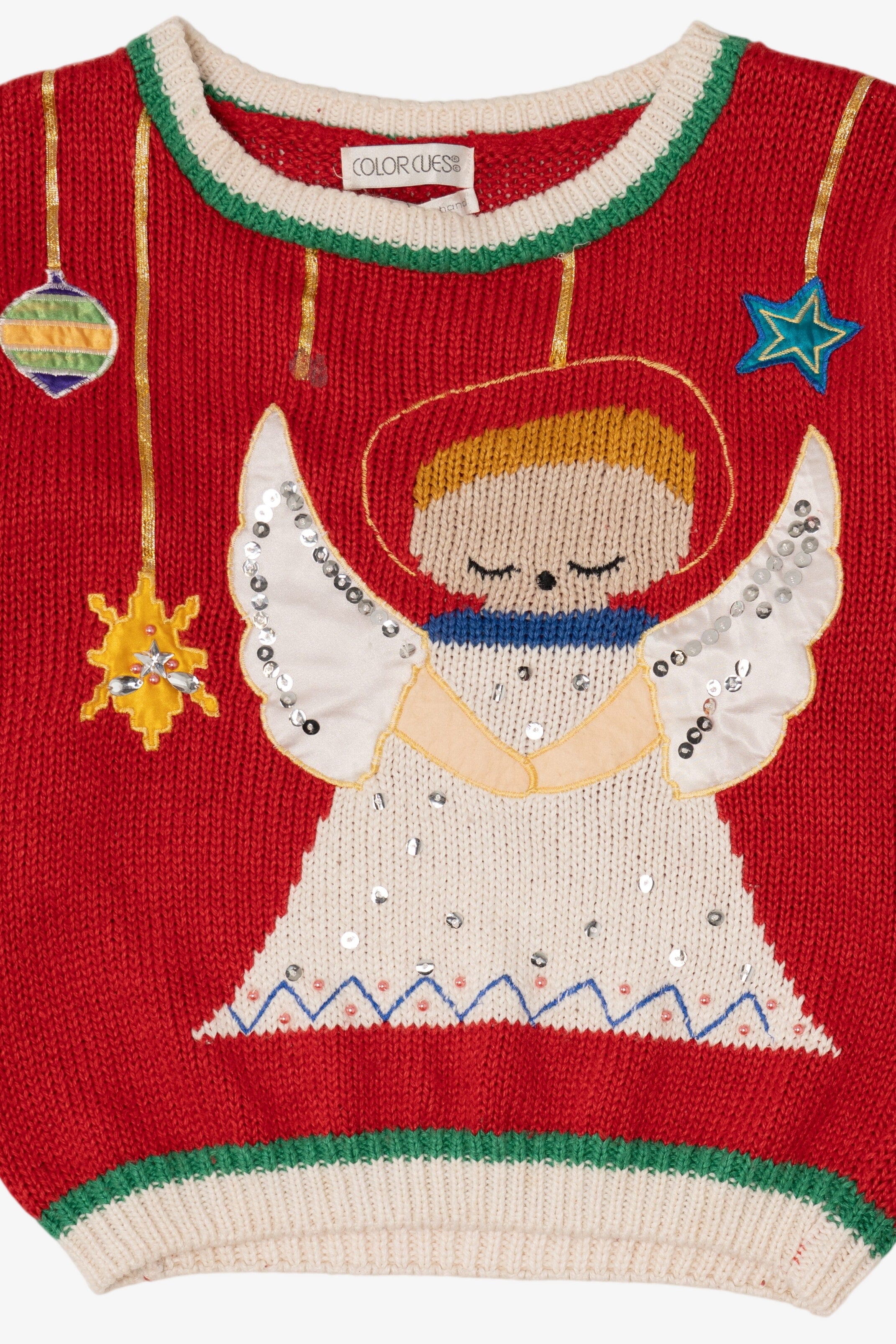 Vintage Hand Knit Red Color Cues Angel Ugly Christmas Pullover (1990s)