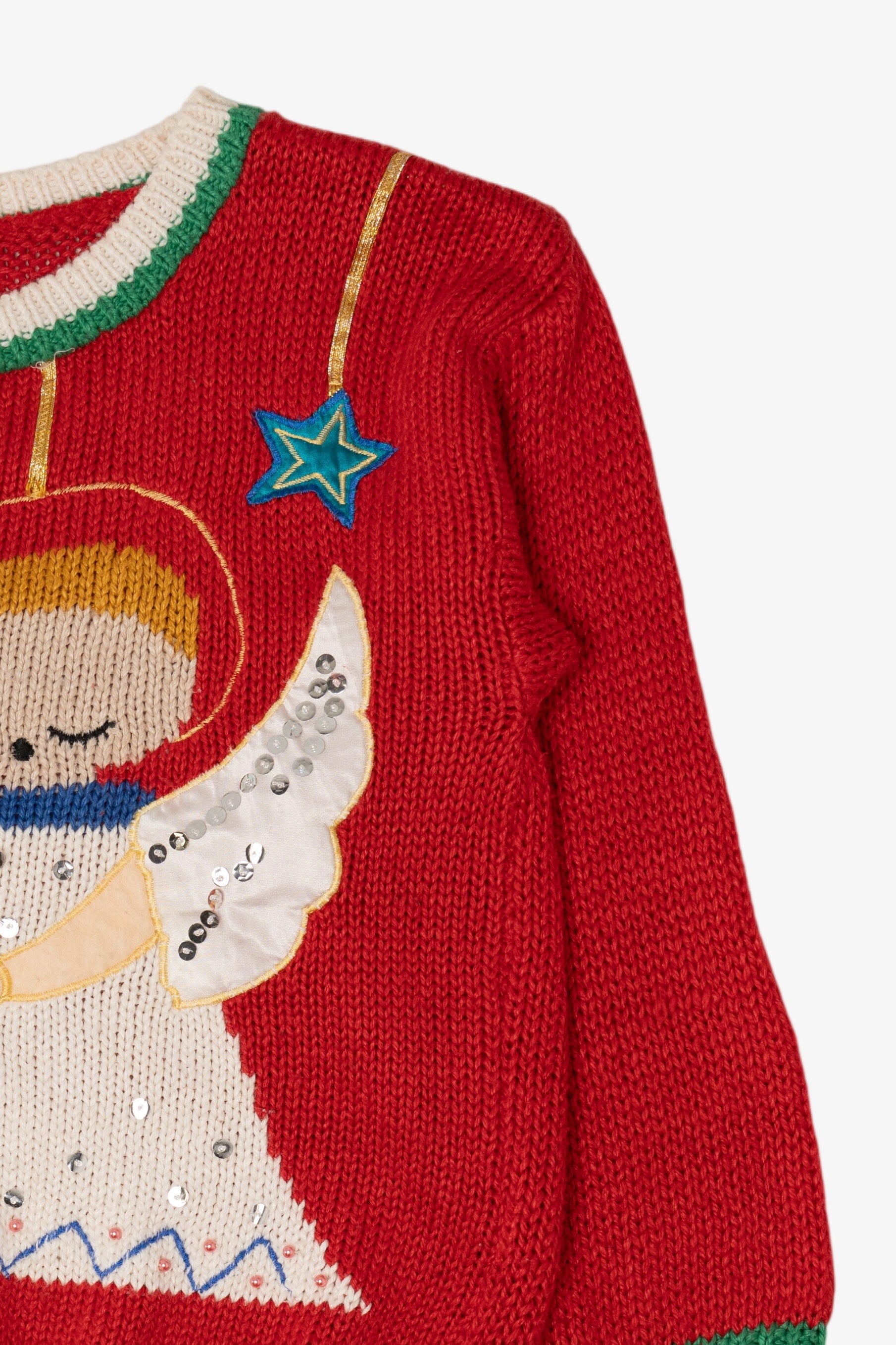 Vintage Hand Knit Red Color Cues Angel Ugly Christmas Pullover (1990s)