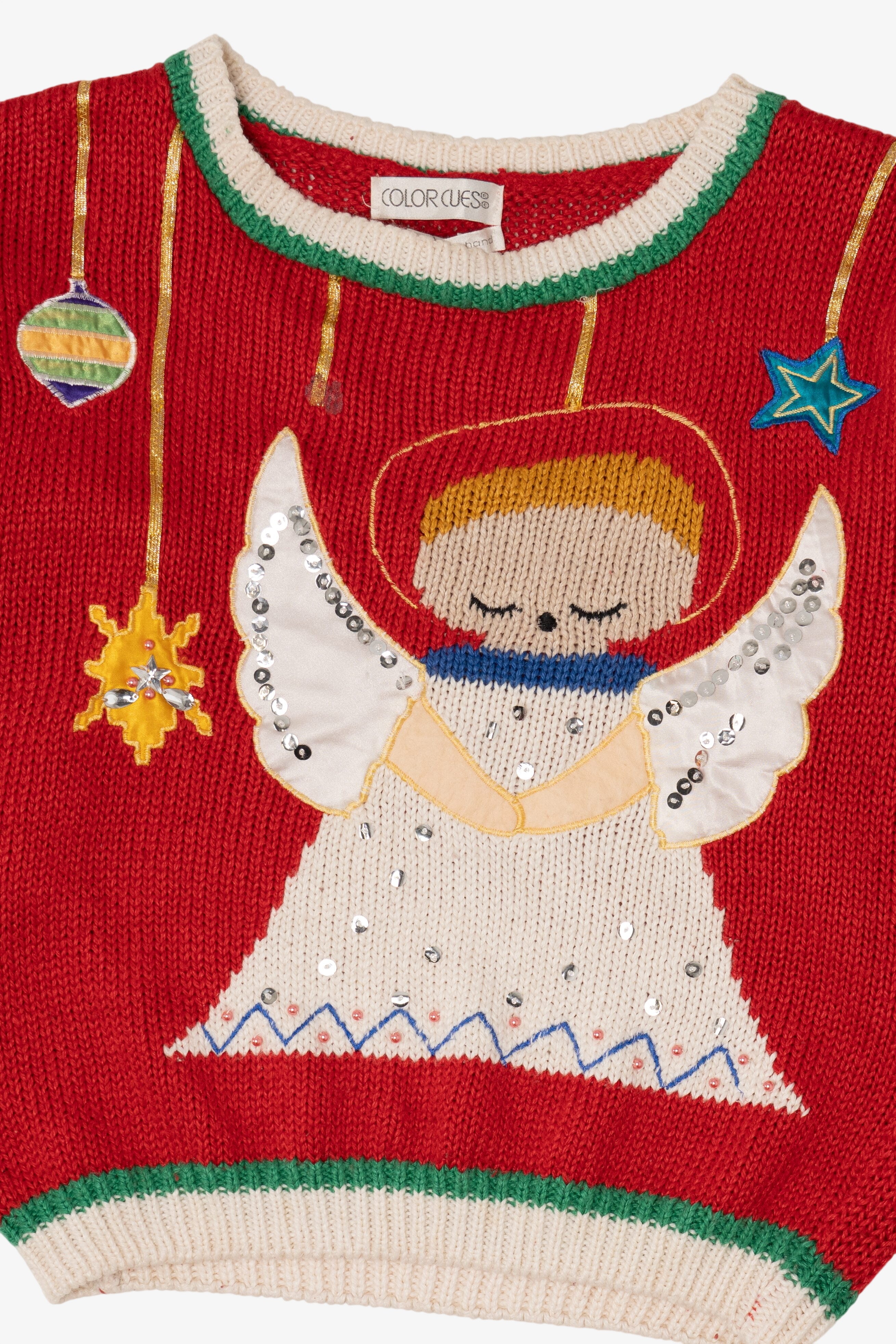 Vintage Hand Knit Red Color Cues Angel Ugly Christmas Pullover (1990s)