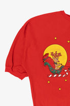 Vintage Red Santa Pulling Reindeer Santa Ugly Christmas Pullover (1990s)