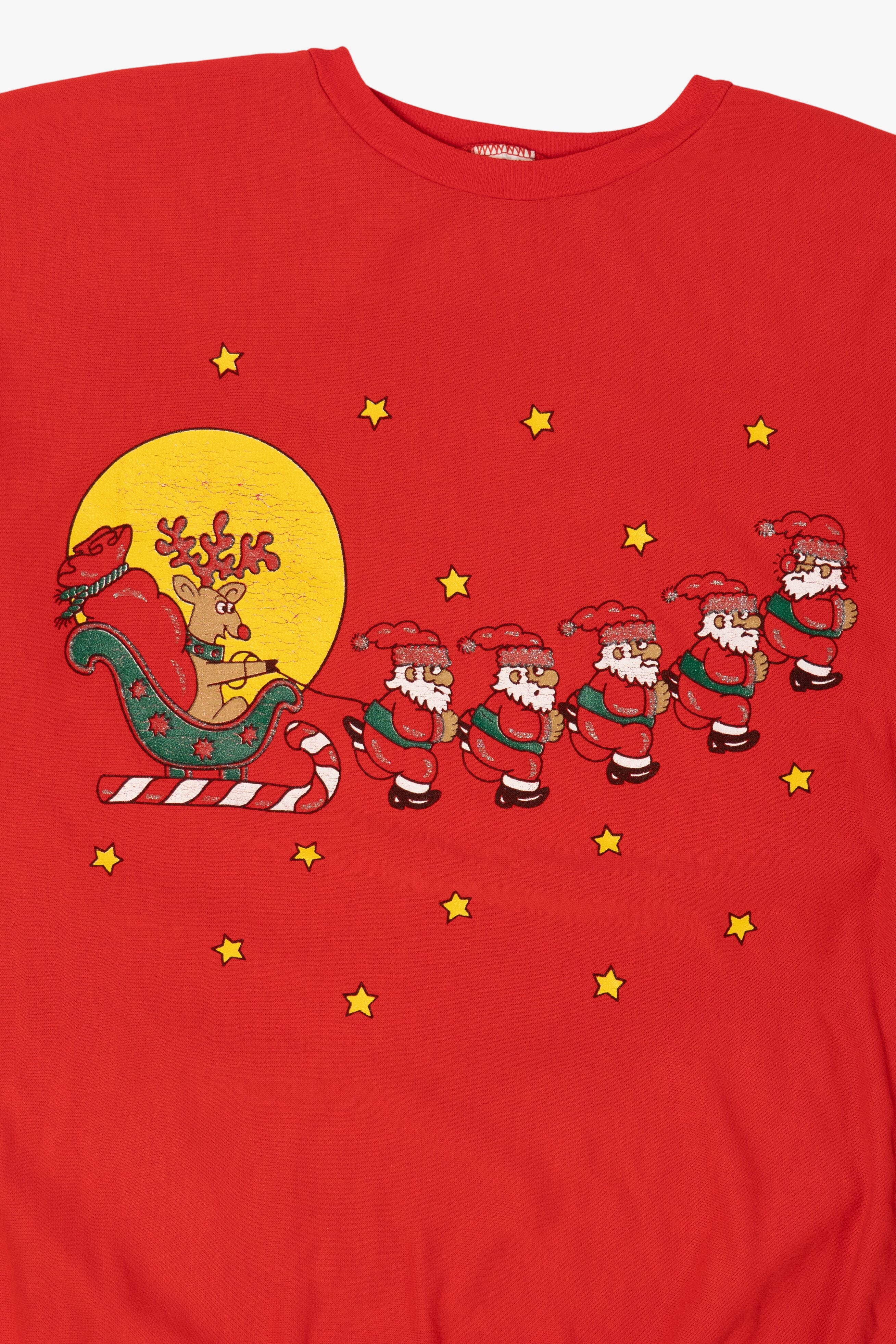 Vintage Red Santa Pulling Reindeer Santa Ugly Christmas Pullover (1990s)