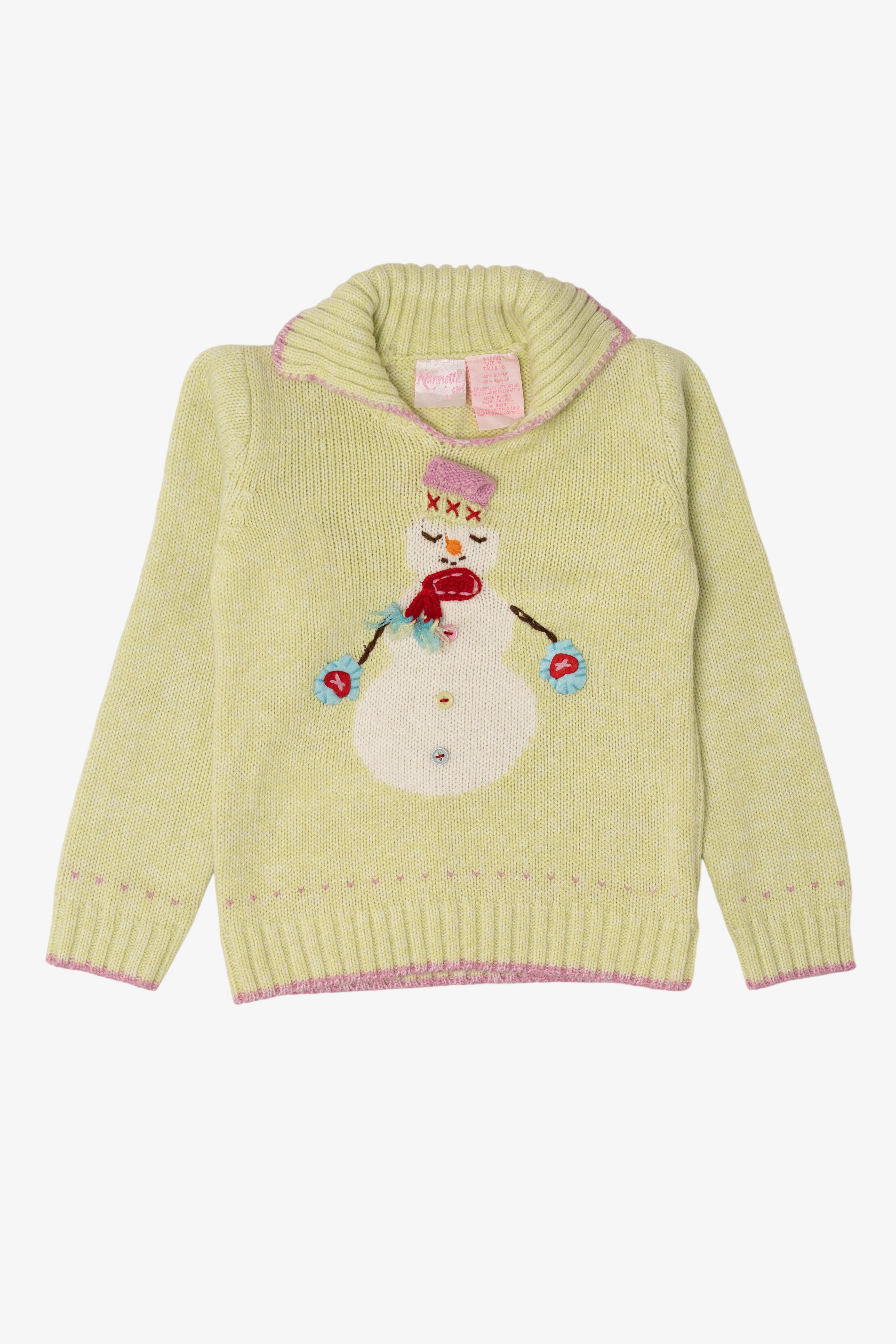 Vintage Kid Sized Light Green Nannettegirl Snowmen Ugly Christmas Sweater (sz 6) (1990s)