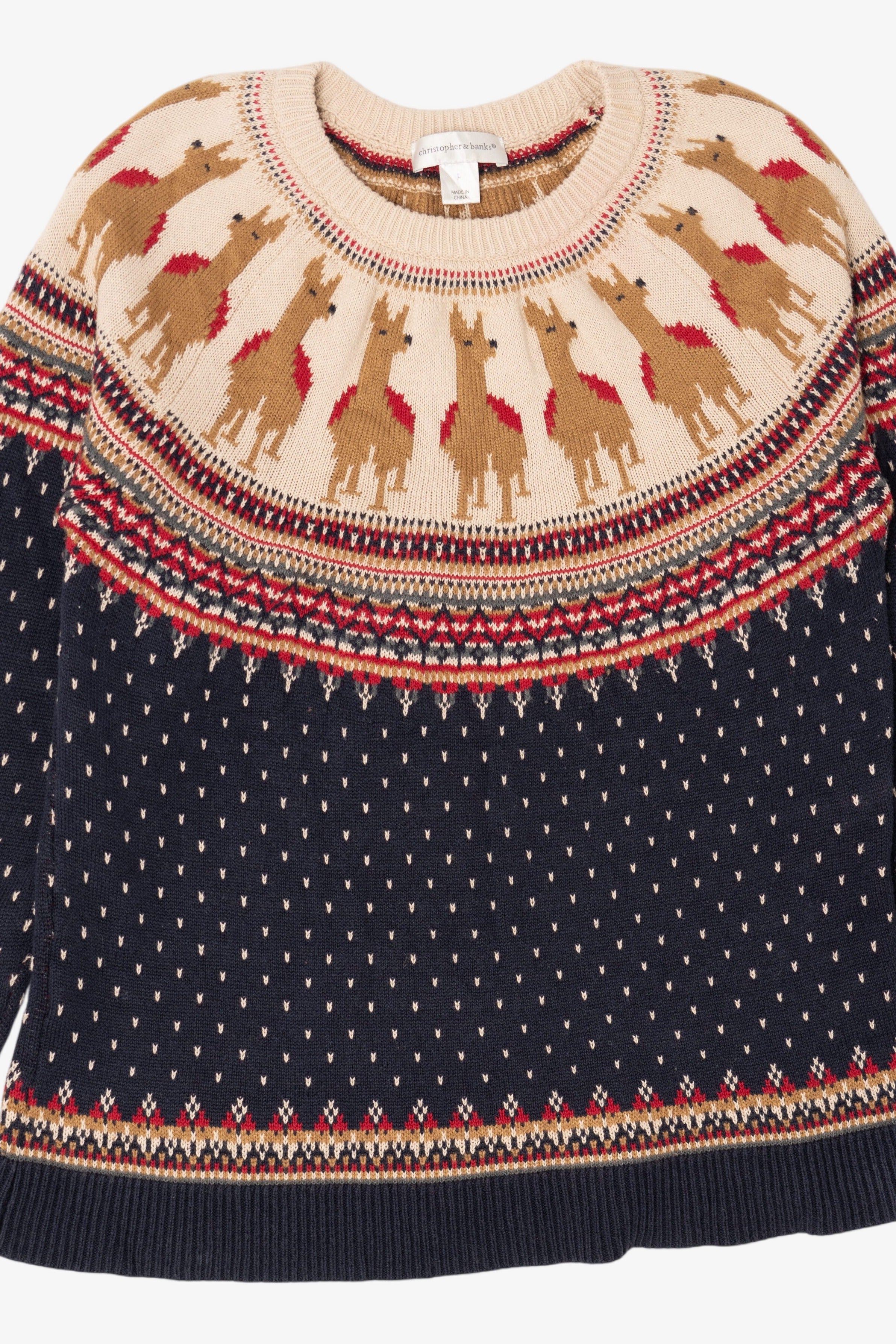 Vintage Navy Blue Christopher & Banks Llamas Fair Isle Christmas Pullover (2000s)