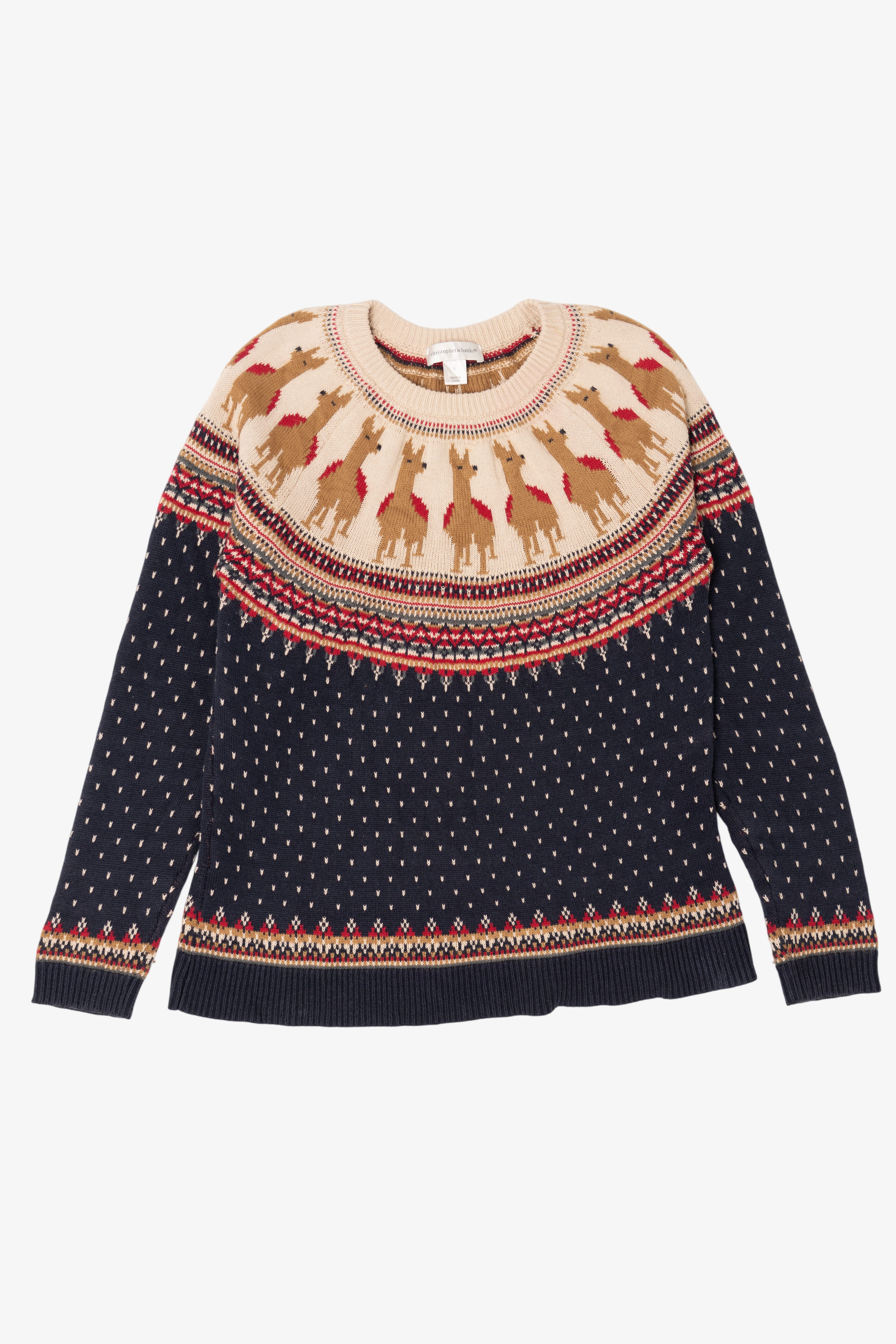 Vintage Navy Blue Christopher & Banks Llamas Fair Isle Christmas Pullover (2000s)