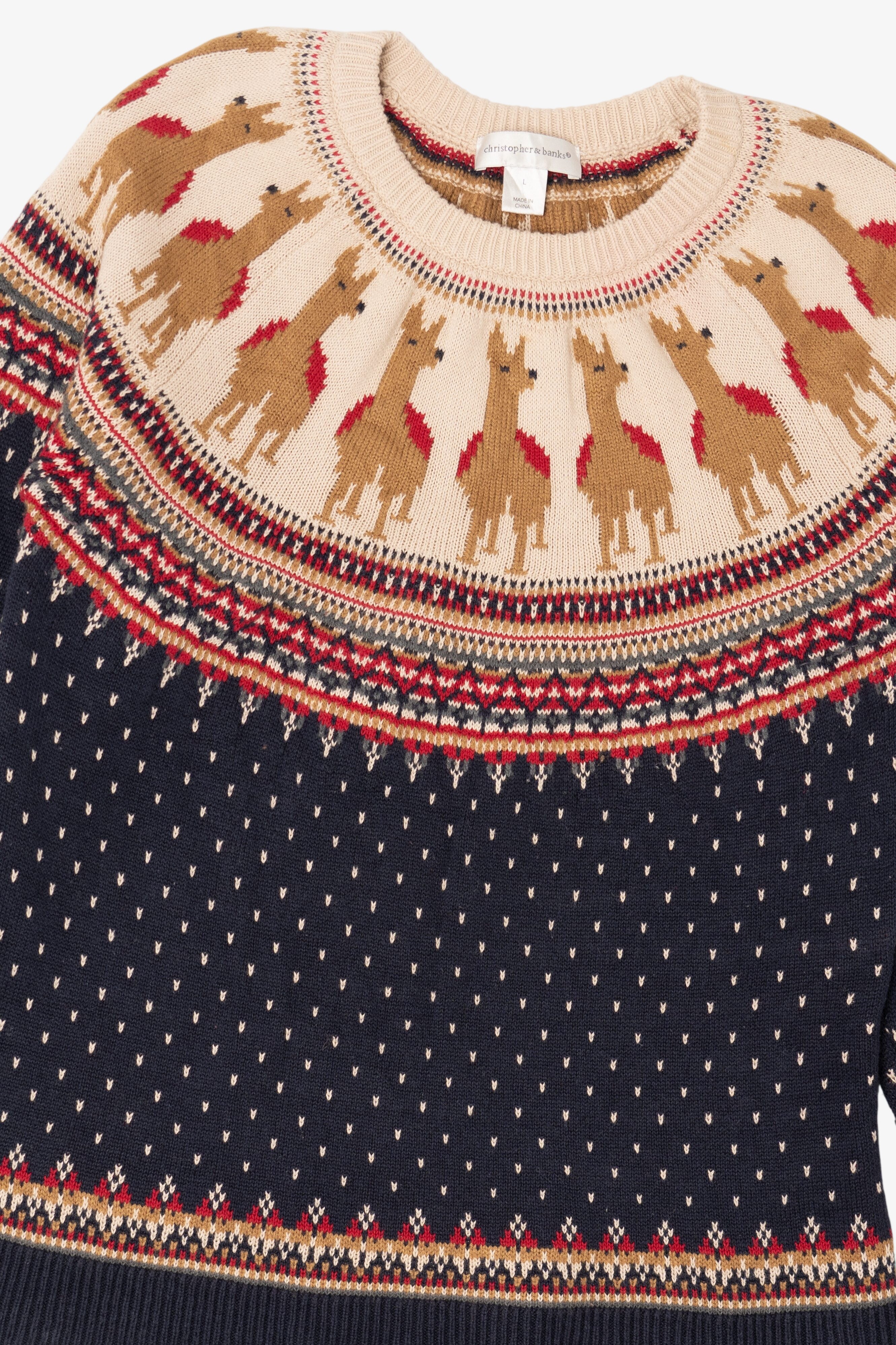 Vintage Navy Blue Christopher & Banks Llamas Fair Isle Christmas Pullover (2000s)