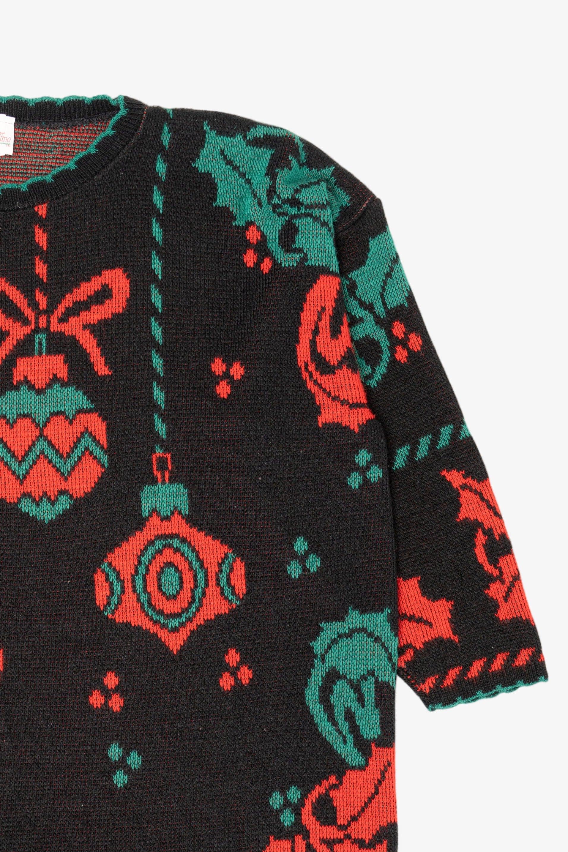 Vintage Black Holiday Time Ornaments Ugly Christmas Pullover (1980s)