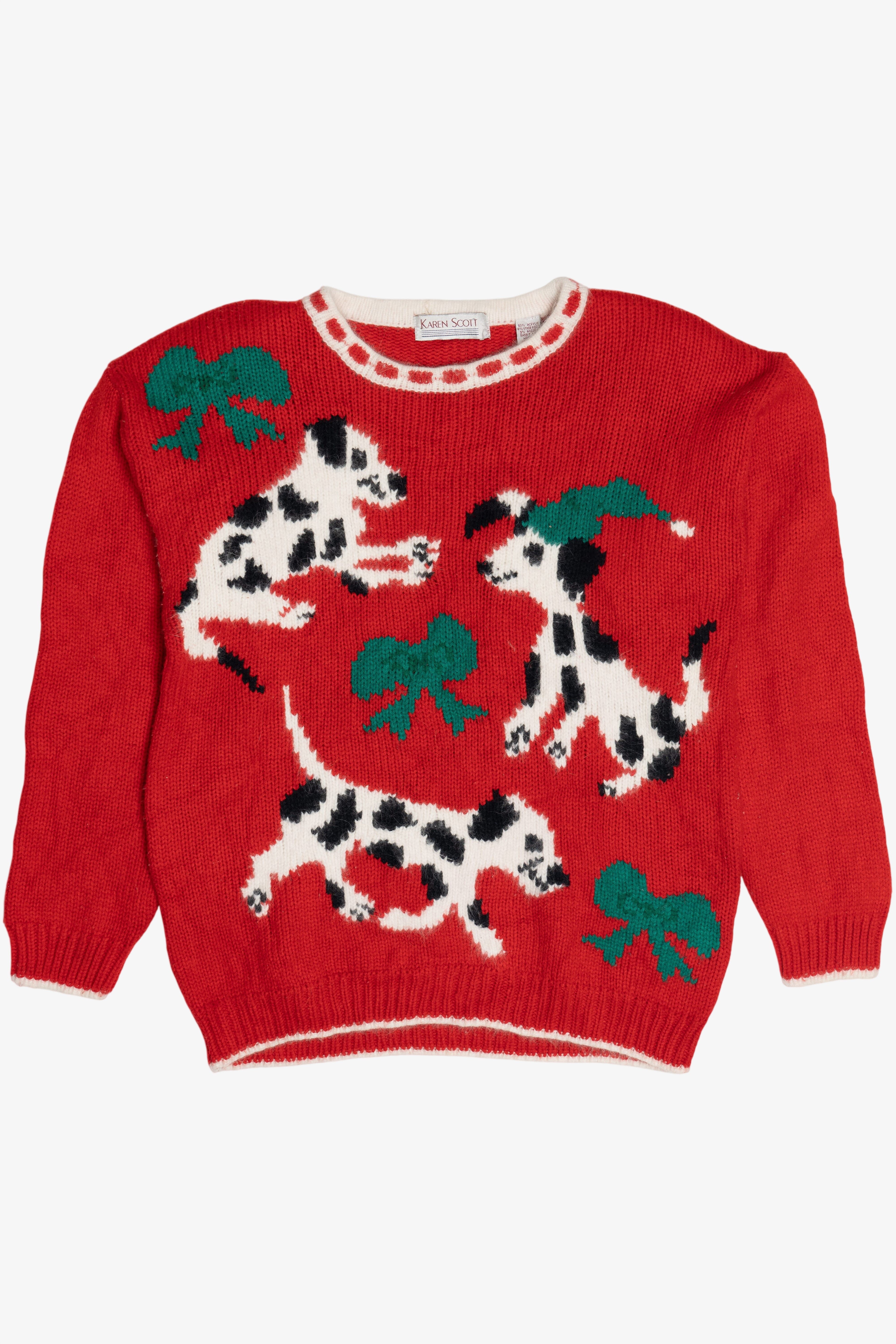 Vintage Karen Scott Dalmatian Puppies Holiday Hats & Bows Ugly Christmas Sweater (1980s)