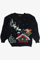 Vintage Hand Knit Santa & His Sleigh Holiday Scene Ugly Christmas Pullover (1990s)