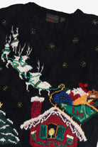 Vintage Hand Knit Santa & His Sleigh Holiday Scene Ugly Christmas Pullover (1990s)