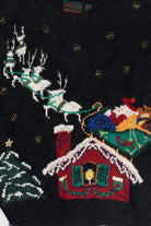 Vintage Hand Knit Santa & His Sleigh Holiday Scene Ugly Christmas Pullover (1990s)