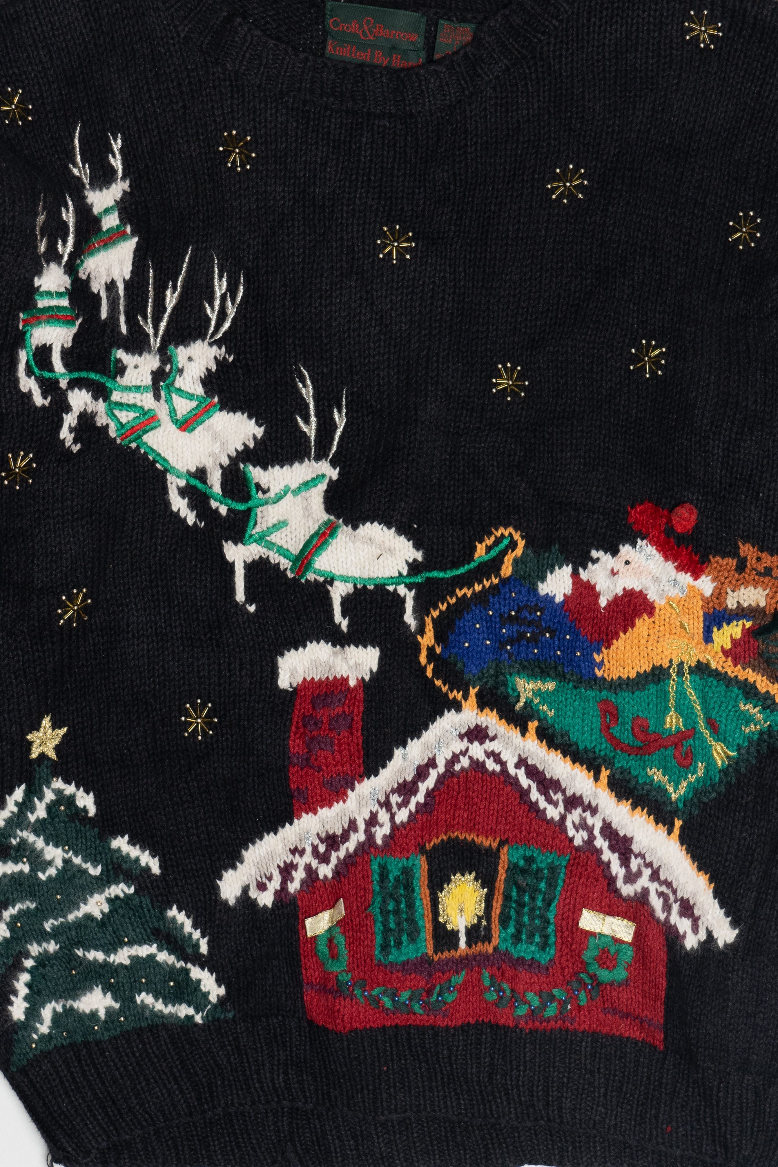 Vintage Hand Knit Santa & His Sleigh Holiday Scene Ugly Christmas Pullover (1990s)