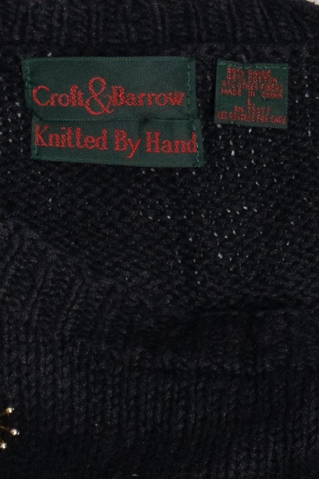 Vintage Hand Knit Santa & His Sleigh Holiday Scene Ugly Christmas Pullover (1990s)