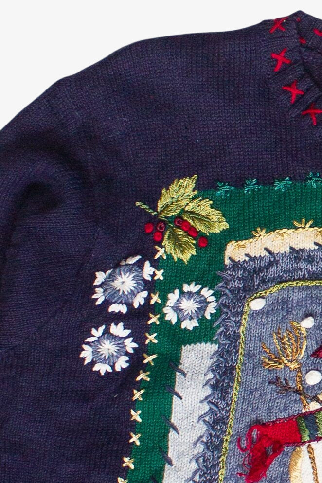 Vintage Embroidered Snowman Patchwork Ugly Christmas Sweater