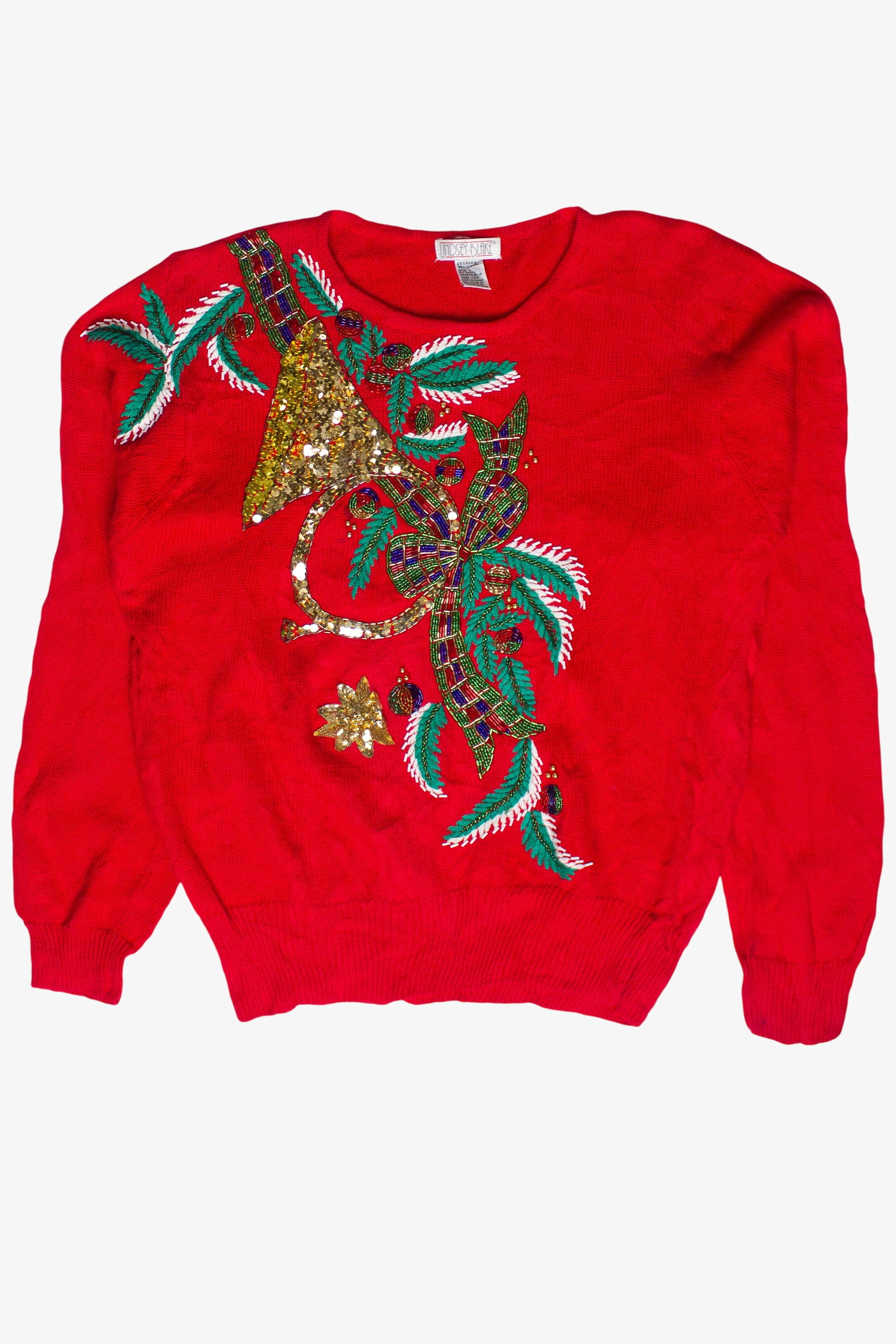 Vintage Lindsey Blake Beaded Sequin Horn Flowers Ugly Christmas Sweater