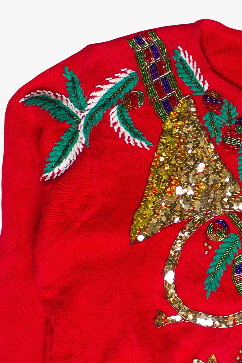 Vintage Lindsey Blake Beaded Sequin Horn Flowers Ugly Christmas Sweater