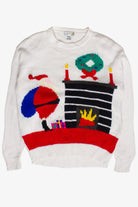 Vintage Claudia Barnes Santa by the Fireplace Knit Ugly Christmas Sweater (1980s)