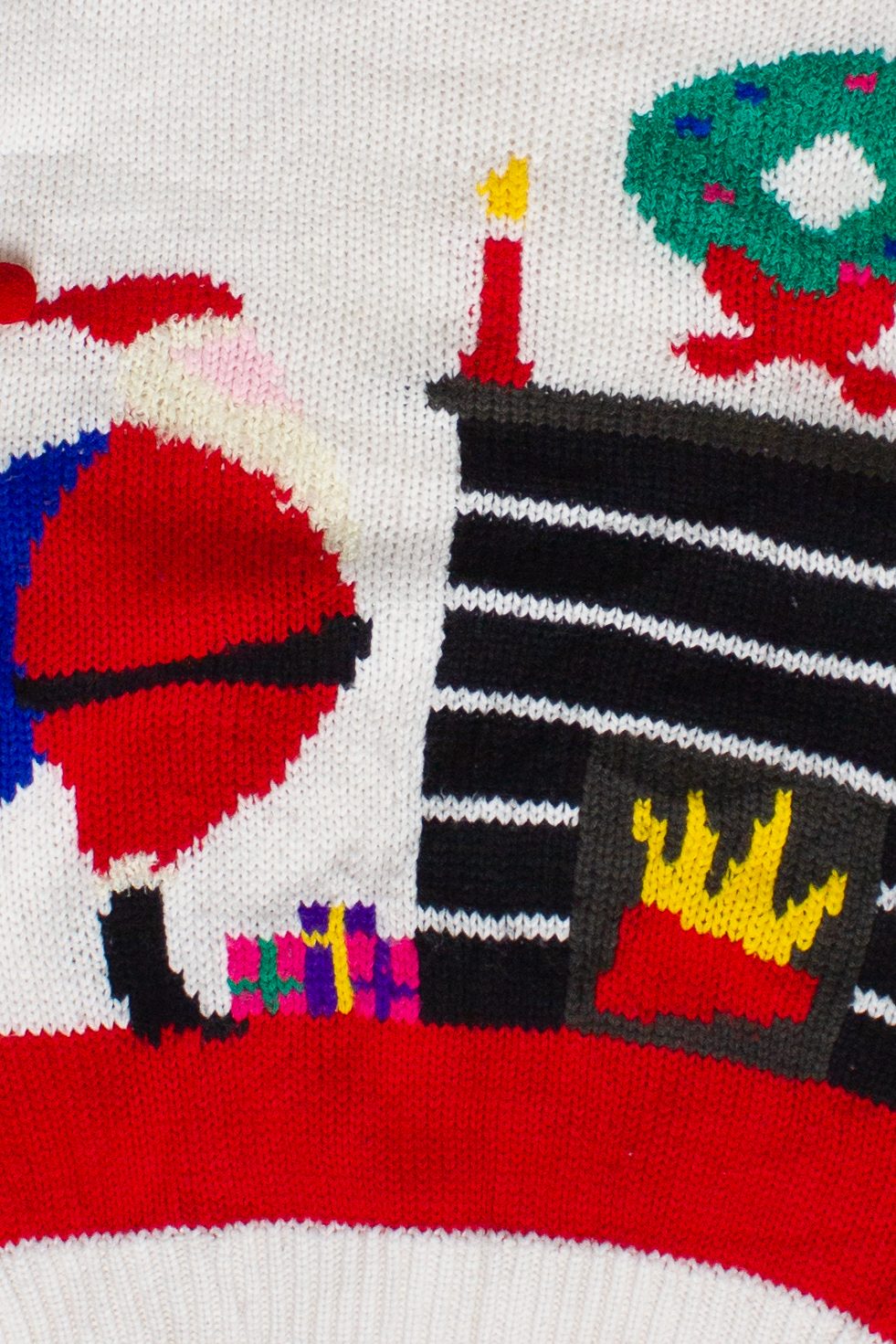 Vintage Claudia Barnes Santa by the Fireplace Knit Ugly Christmas Sweater (1980s)