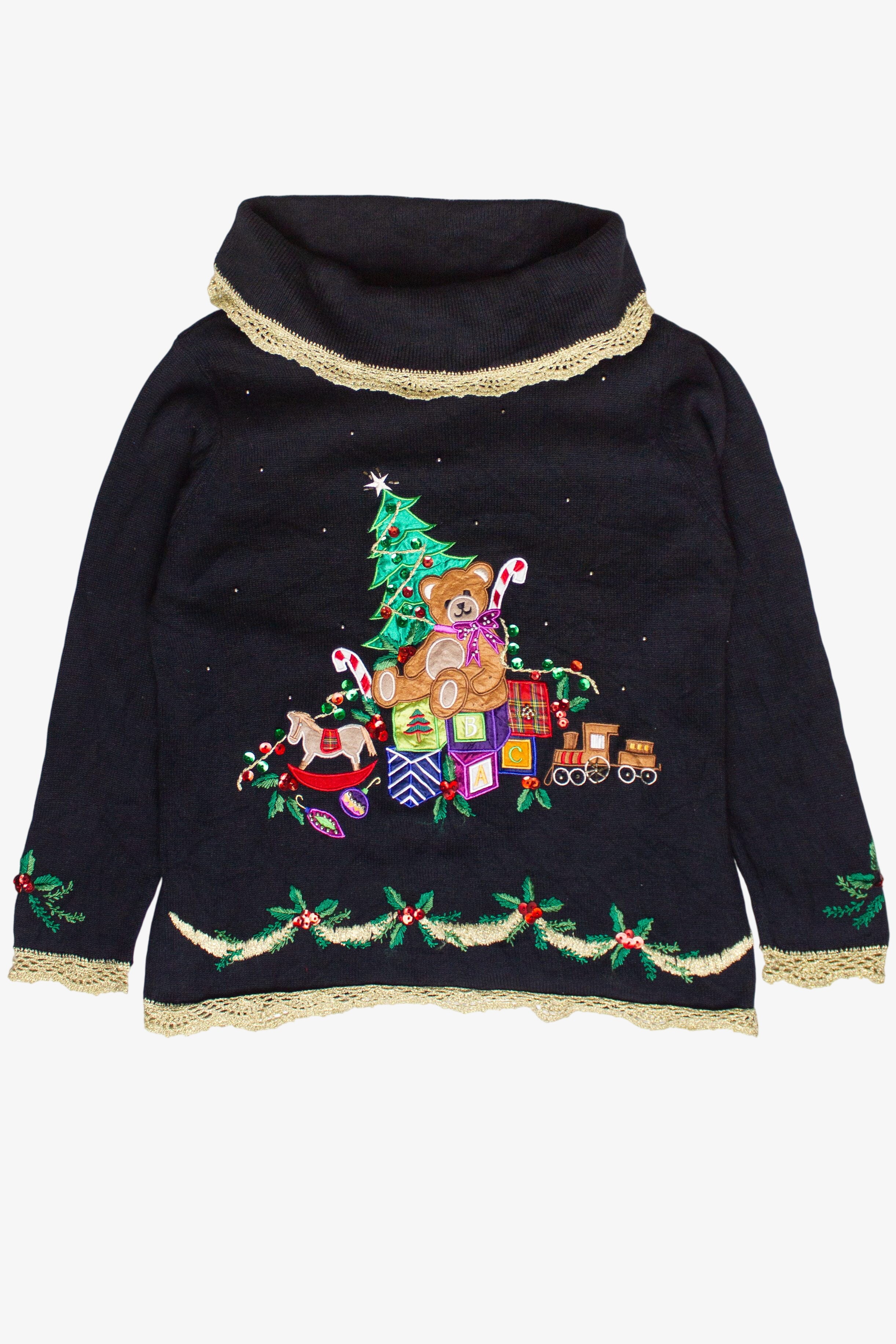 Vintage Toys By The Tree Turtleneck Metallic Crochet Trim Ugly Christmas Sweater (2000s)