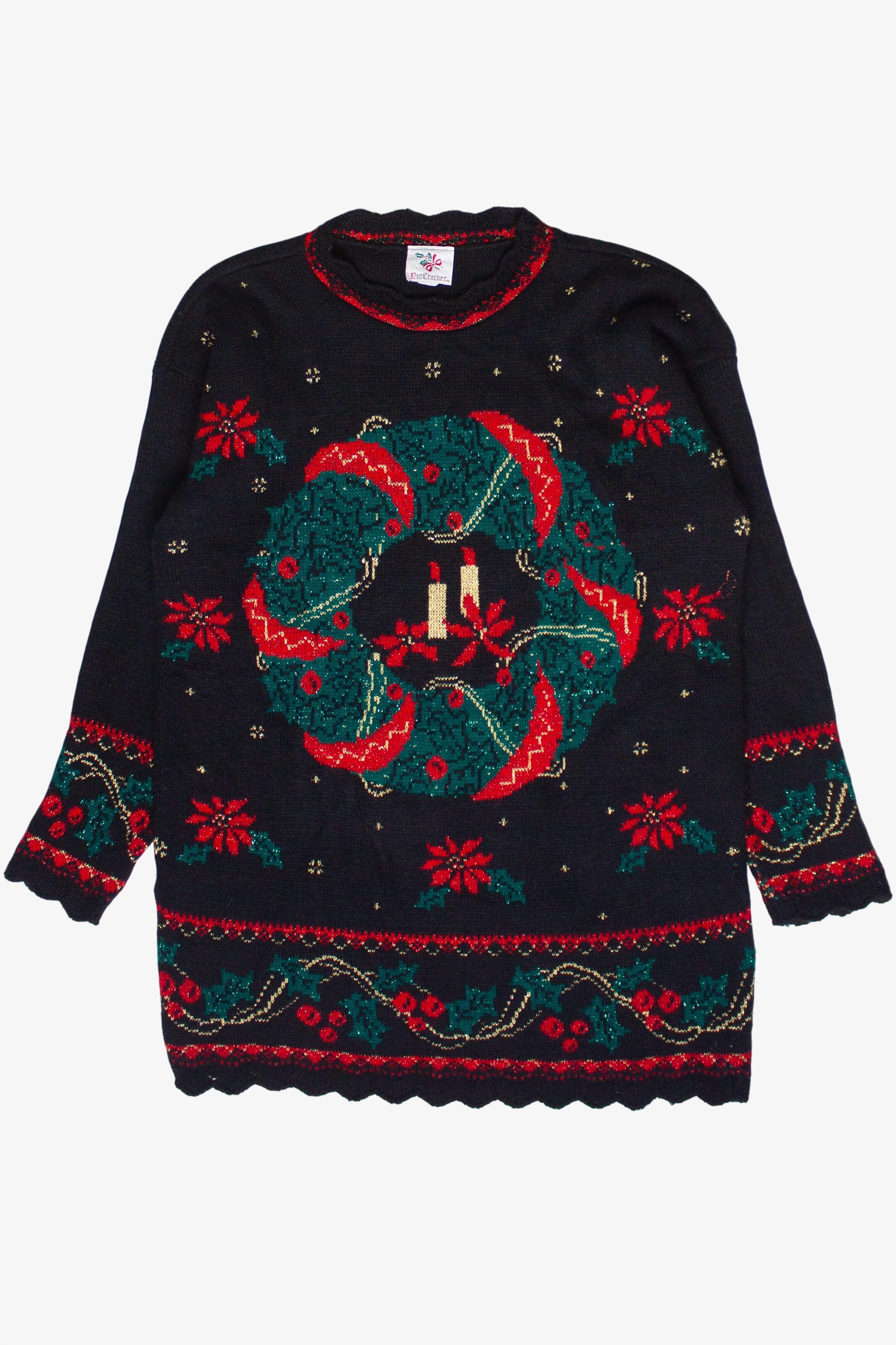 Vintage Wreath Poinsettia and Holly Pullover Ugly Christmas Sweater (2000s)