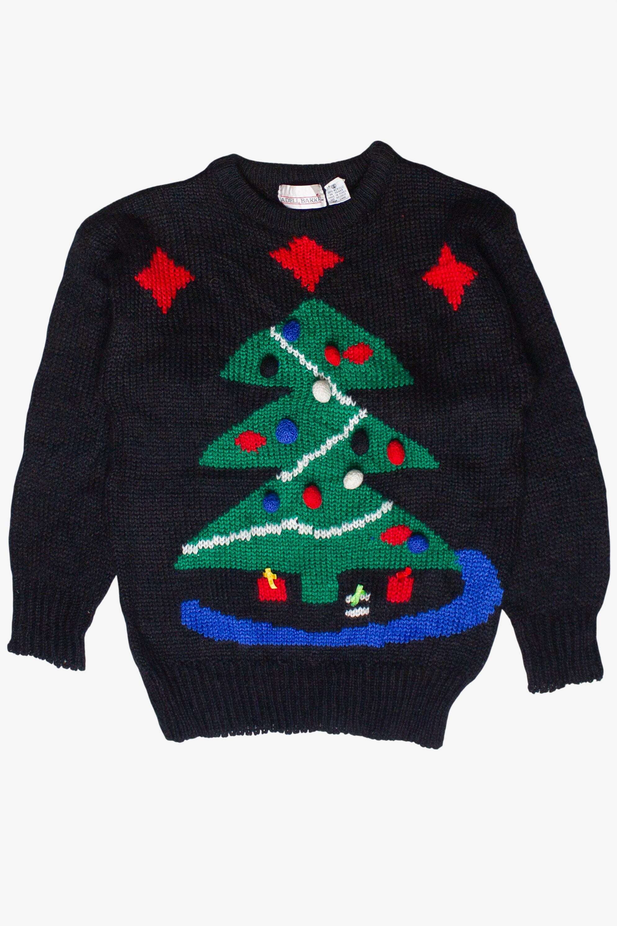 Vintage Adell Barre Pom Pom Christmas Tree Knit Ugly Christmas Sweater (1980s)