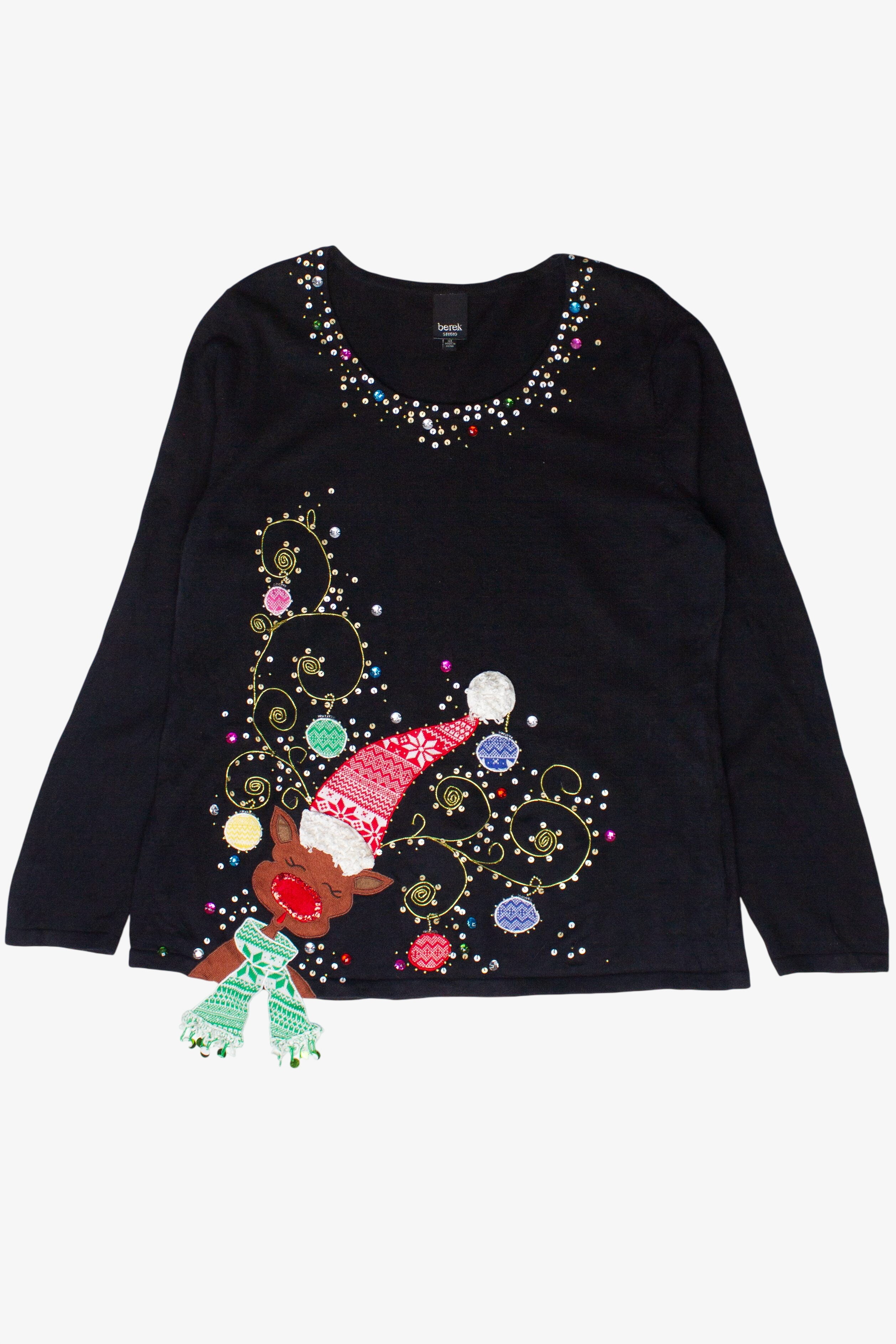 Vintage Bejeweled Reindeer Berek Studio Lightweight Ugly Christmas Sweater (2000s)