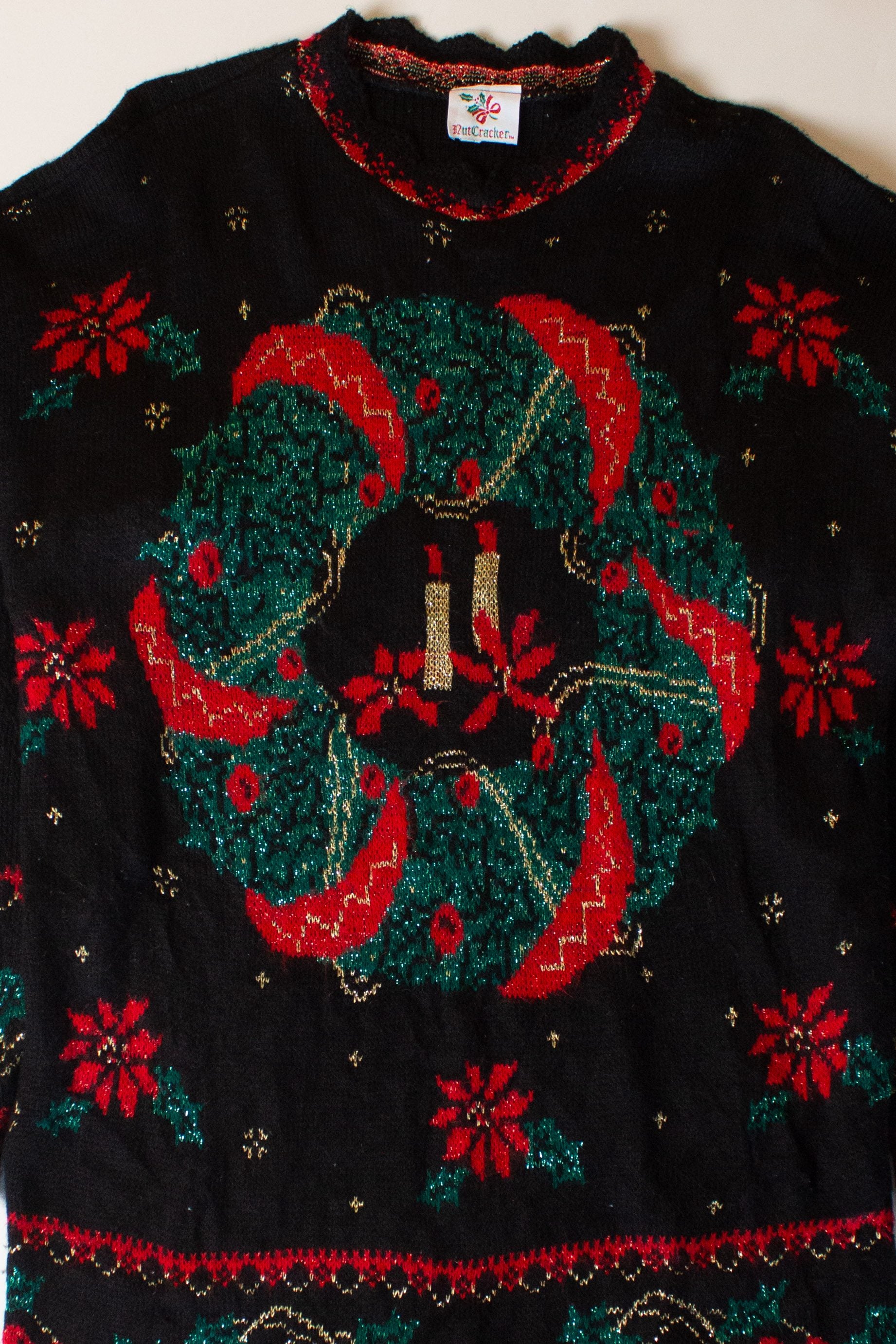 Vintage Nutcracker Wreath Ugly Christmas Sweater (1990s)